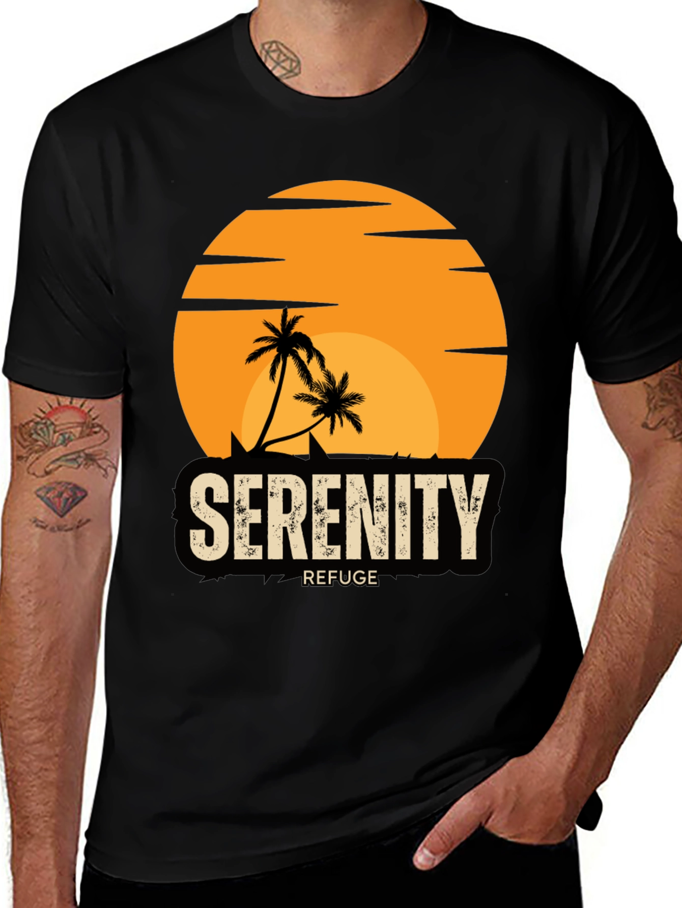 Serenity Refuge T-Shirt - Tropical Palm Tree Sunset Tee