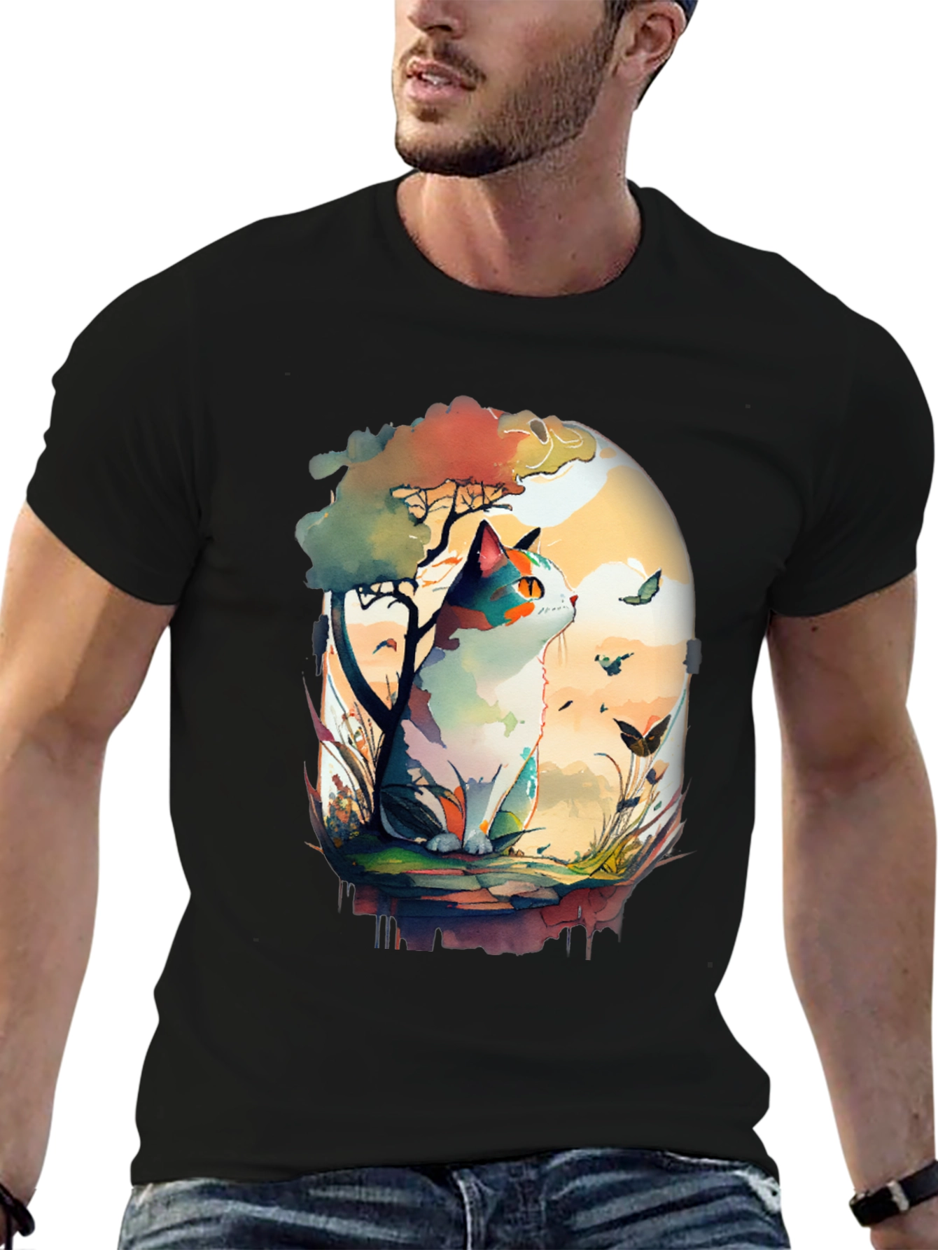 Watercolor Cat Graphic Black T-Shirt