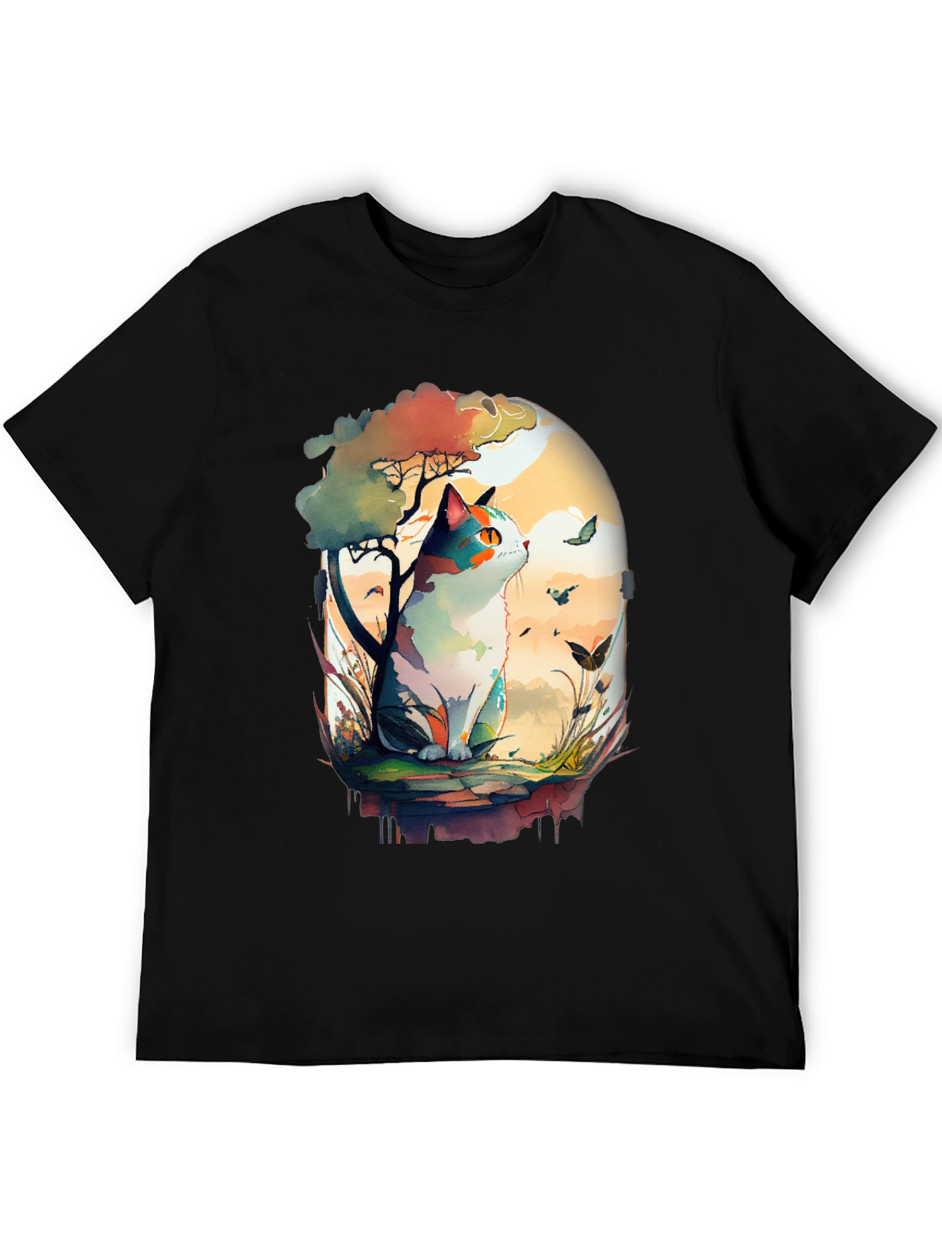 Watercolor Cat Graphic Black T-Shirt