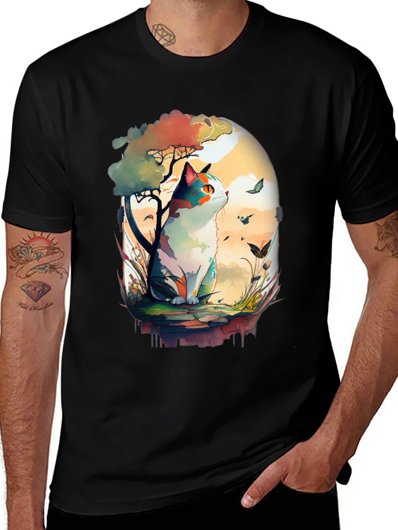 Watercolor Cat Graphic Black T-Shirt