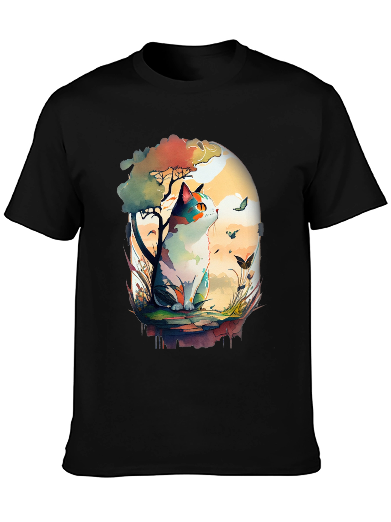 Watercolor Cat Graphic Black T-Shirt