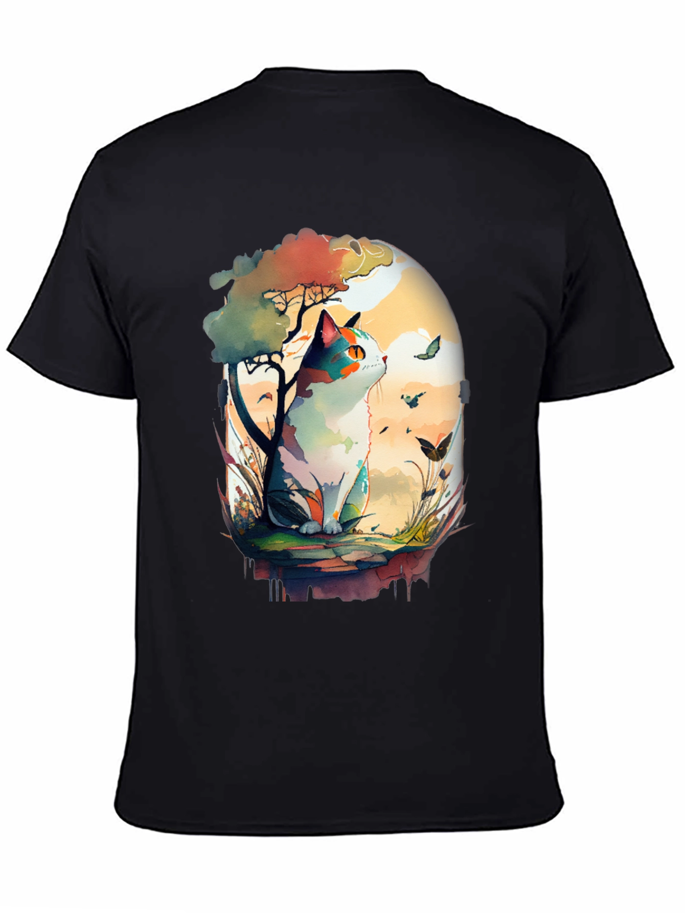Watercolor Cat Graphic Black T-Shirt