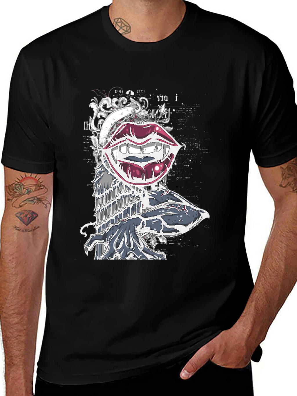 Vampire Lips Graphic Print Black T-Shirt