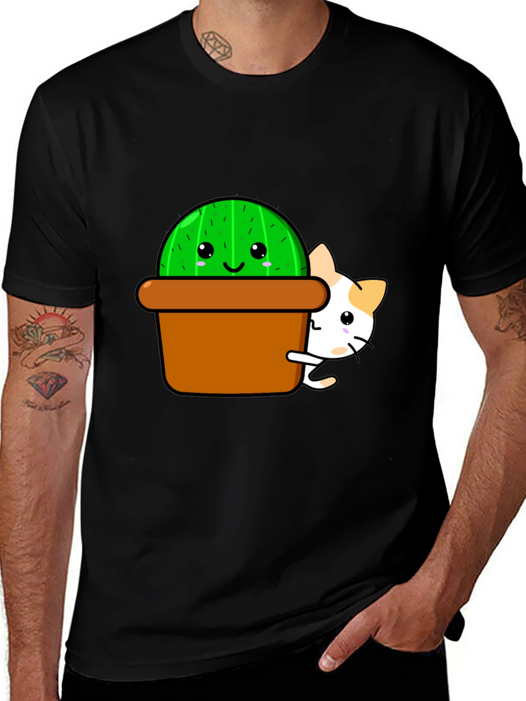 Cute Cactus & Cat Graphic T-Shirt - Black