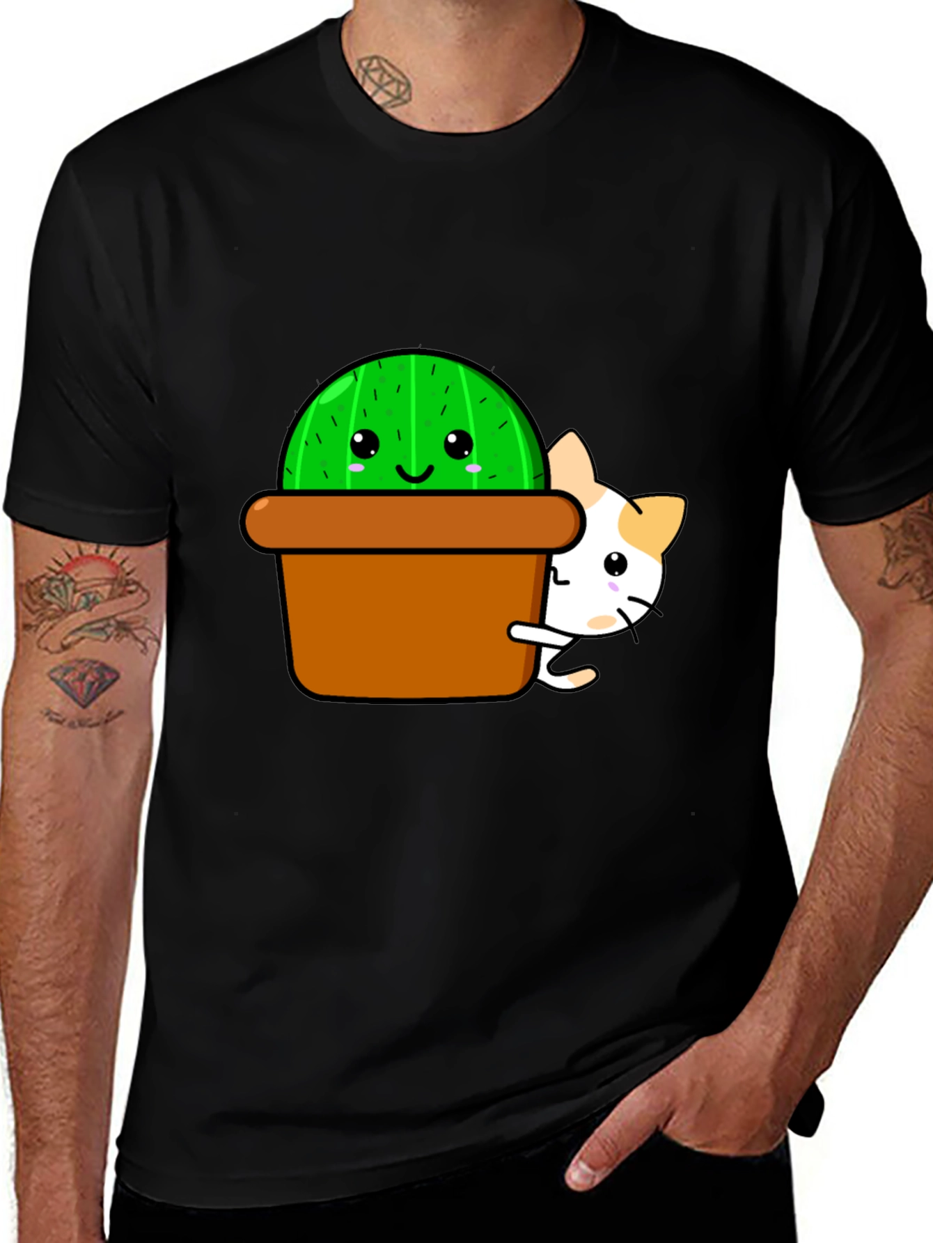 Cute Cactus & Cat Graphic T-Shirt - Black