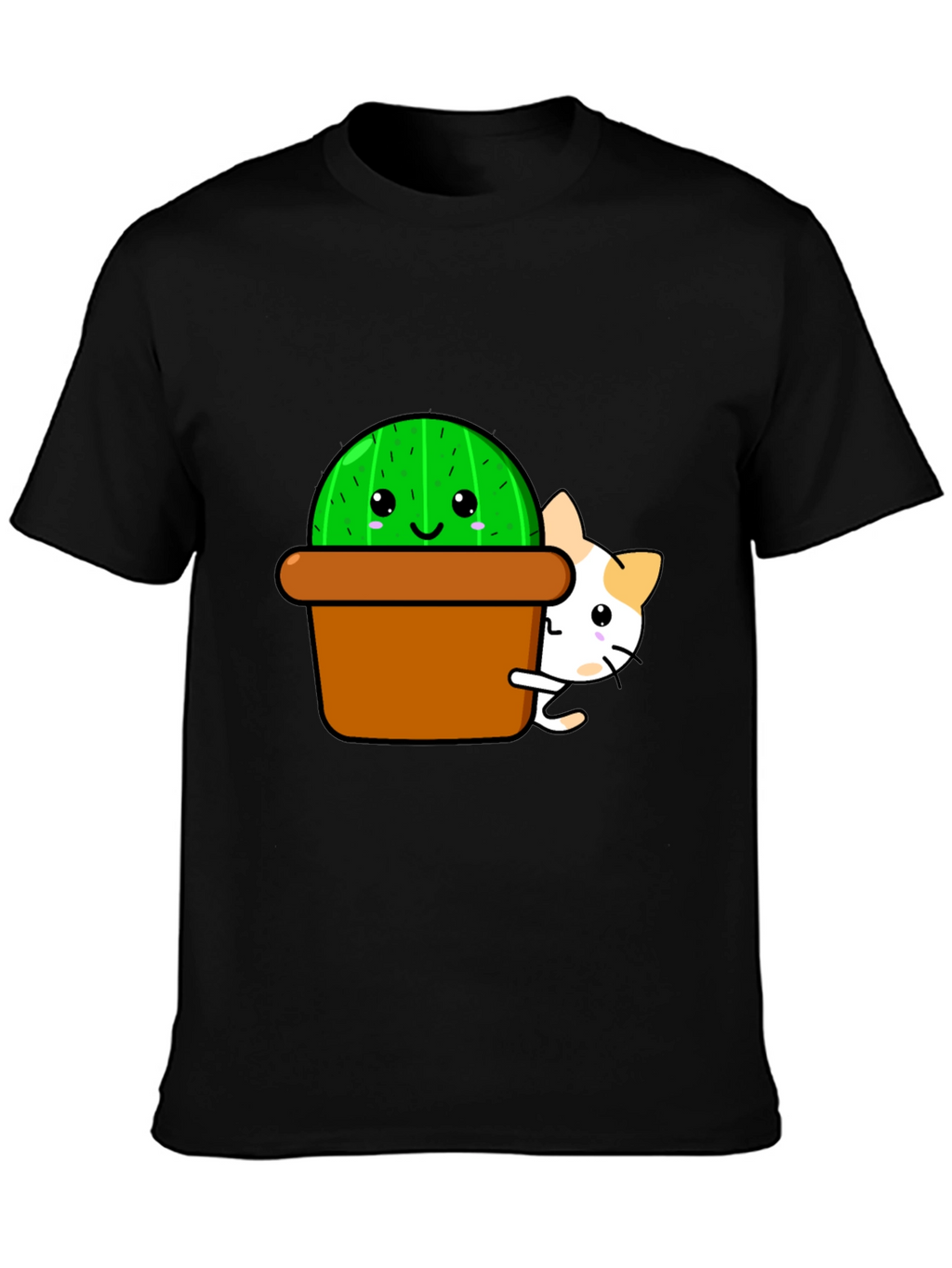 Cute Cactus & Cat Graphic T-Shirt - Black
