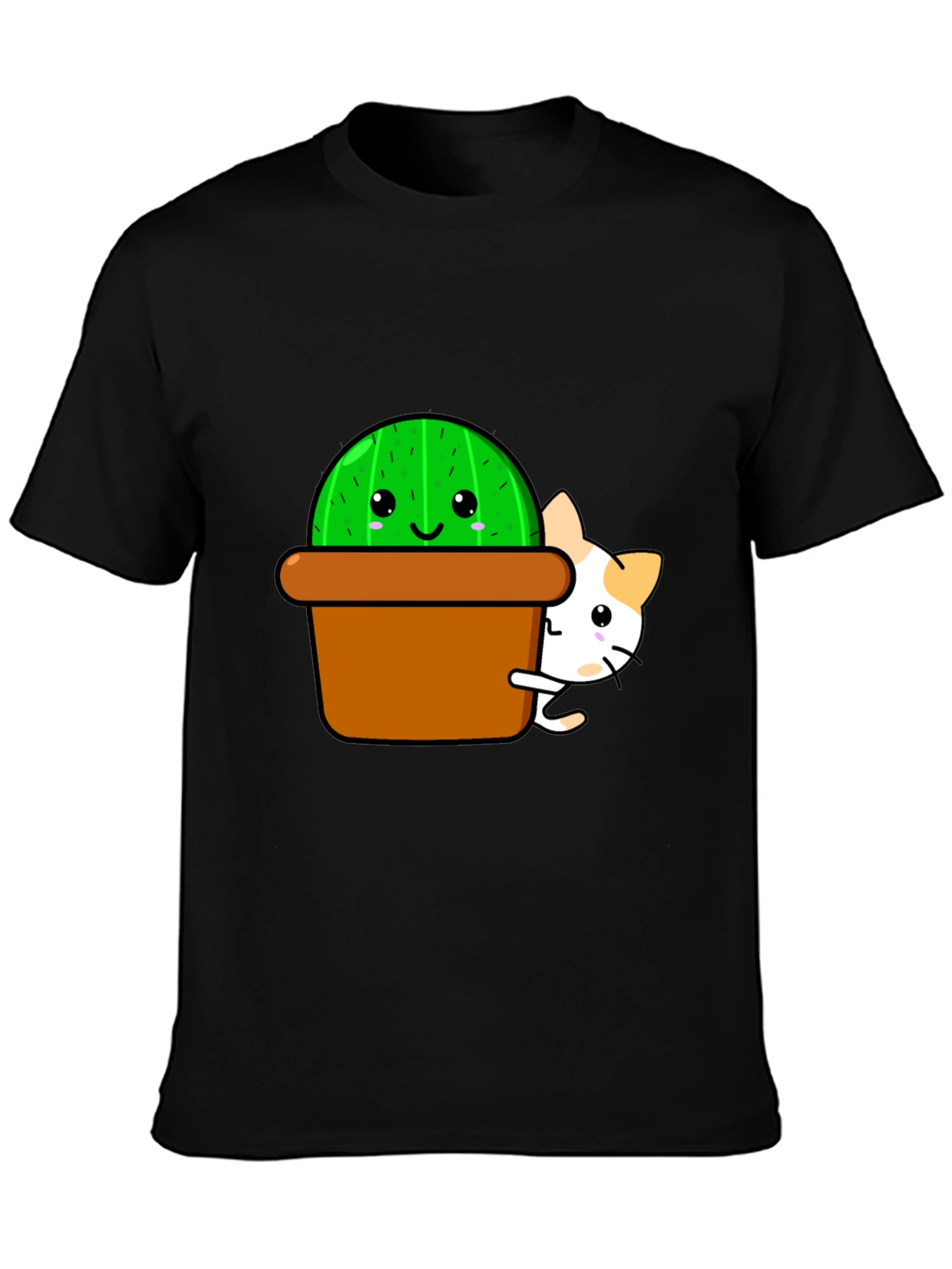 Cute Cactus & Cat Graphic T-Shirt - Black