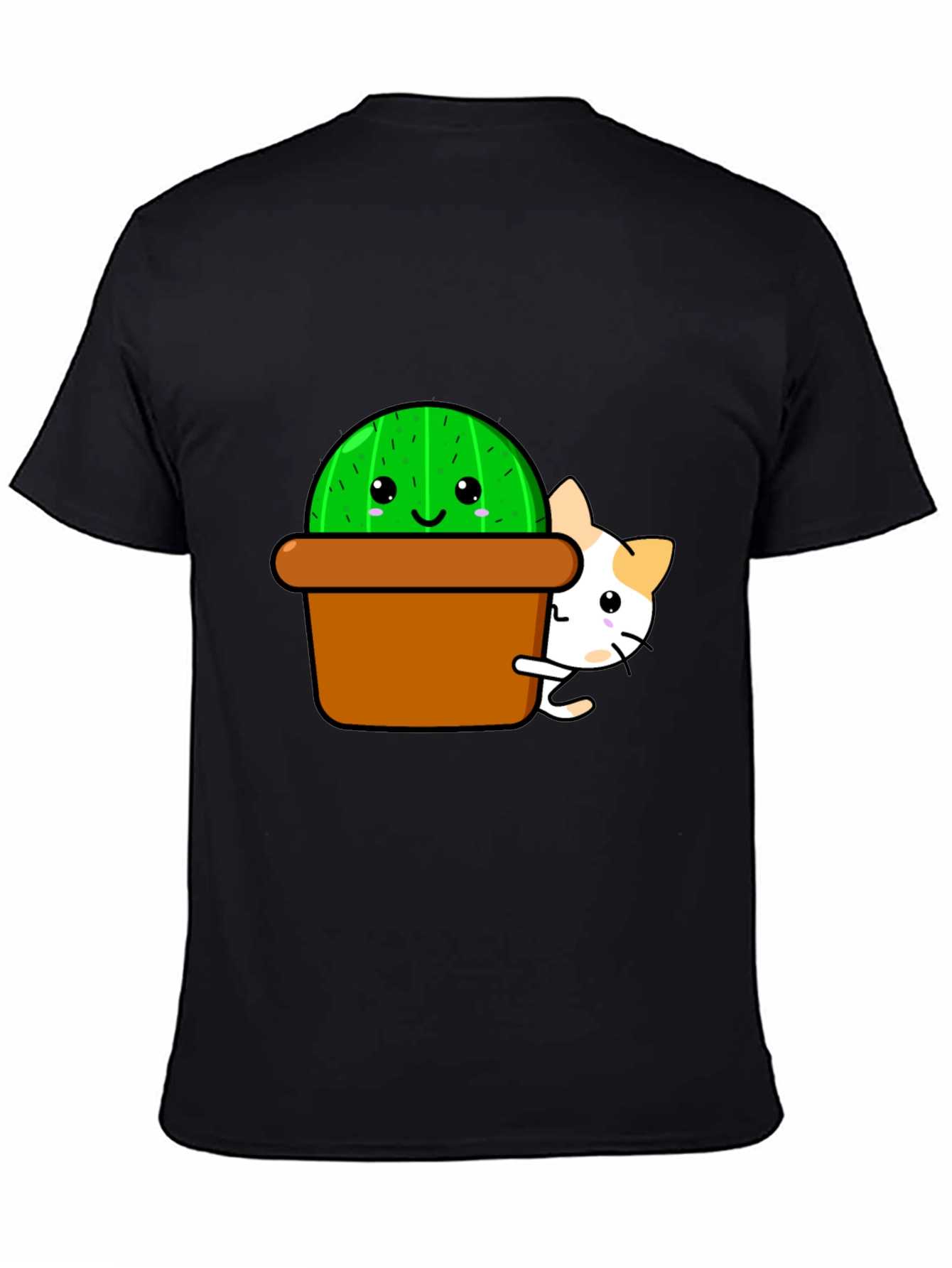 Cute Cactus & Cat Graphic T-Shirt - Black