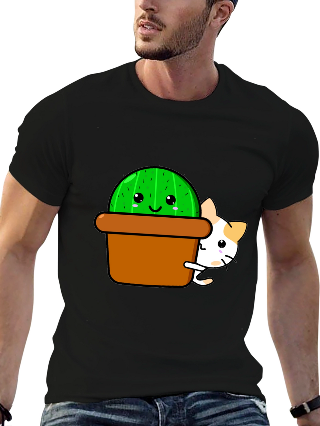 Cute Cactus & Cat Graphic T-Shirt - Black