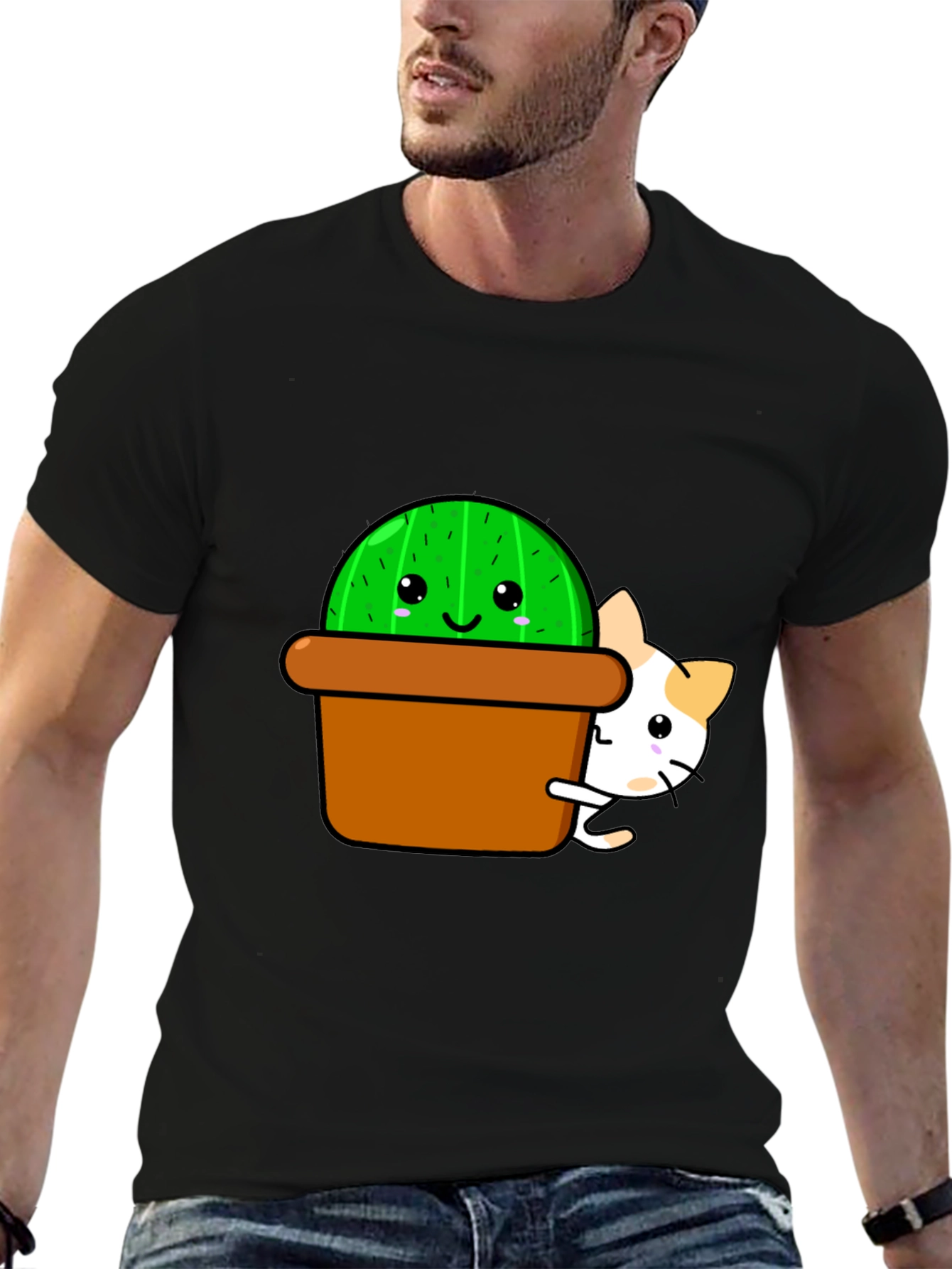 Cute Cactus & Cat Graphic T-Shirt - Black