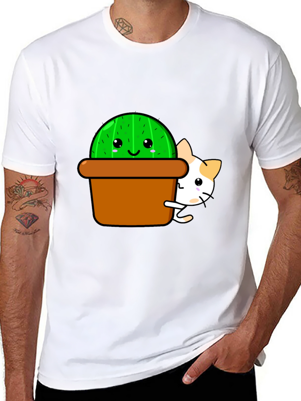 Cute Cactus & Cat Graphic T-Shirt - Black