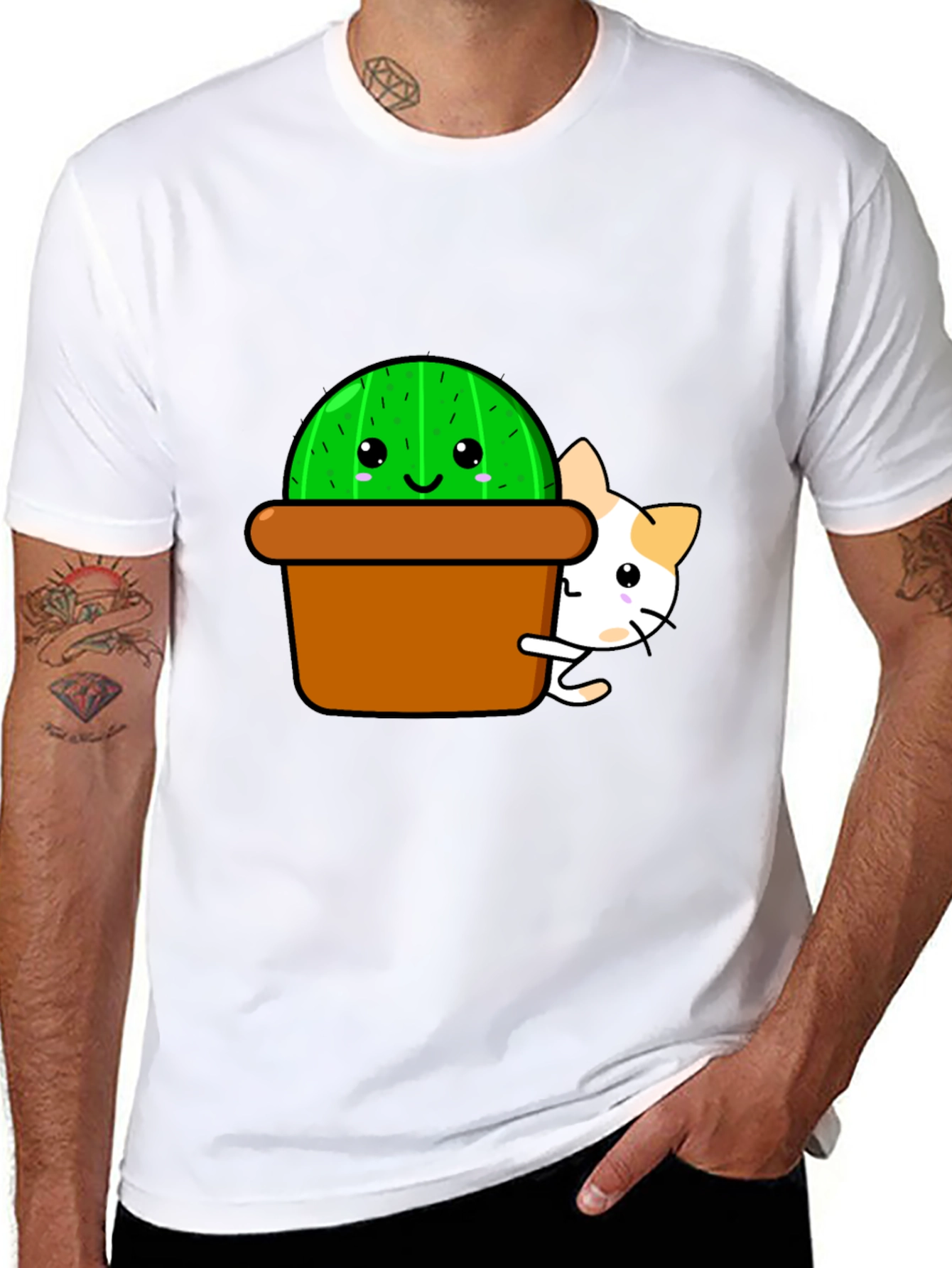 Cute Cactus & Cat Graphic T-Shirt - Black
