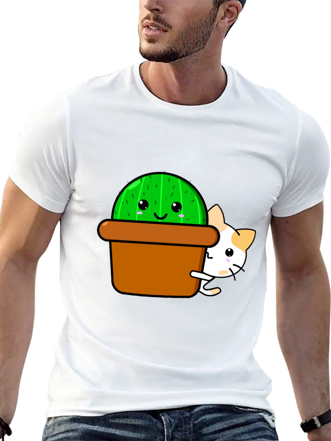 Cute Cactus & Cat Graphic T-Shirt - Black
