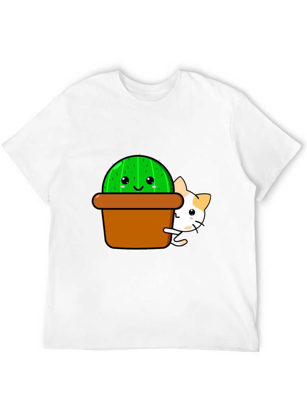 Cute Cactus & Cat Graphic T-Shirt - Black