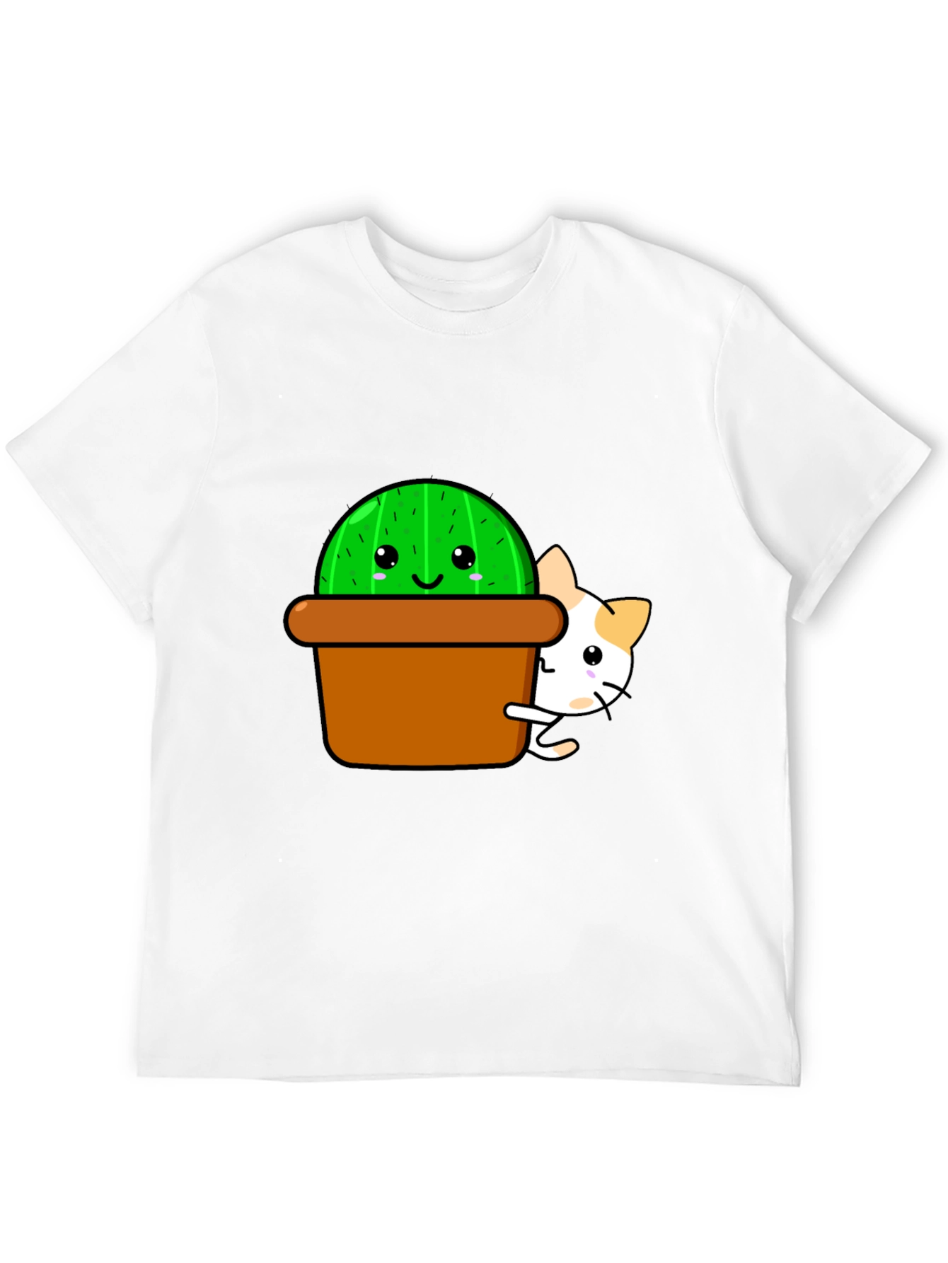 Cute Cactus & Cat Graphic T-Shirt - Black
