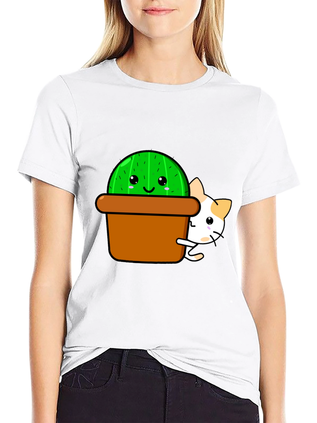 Cute Cactus & Cat Graphic T-Shirt - Black
