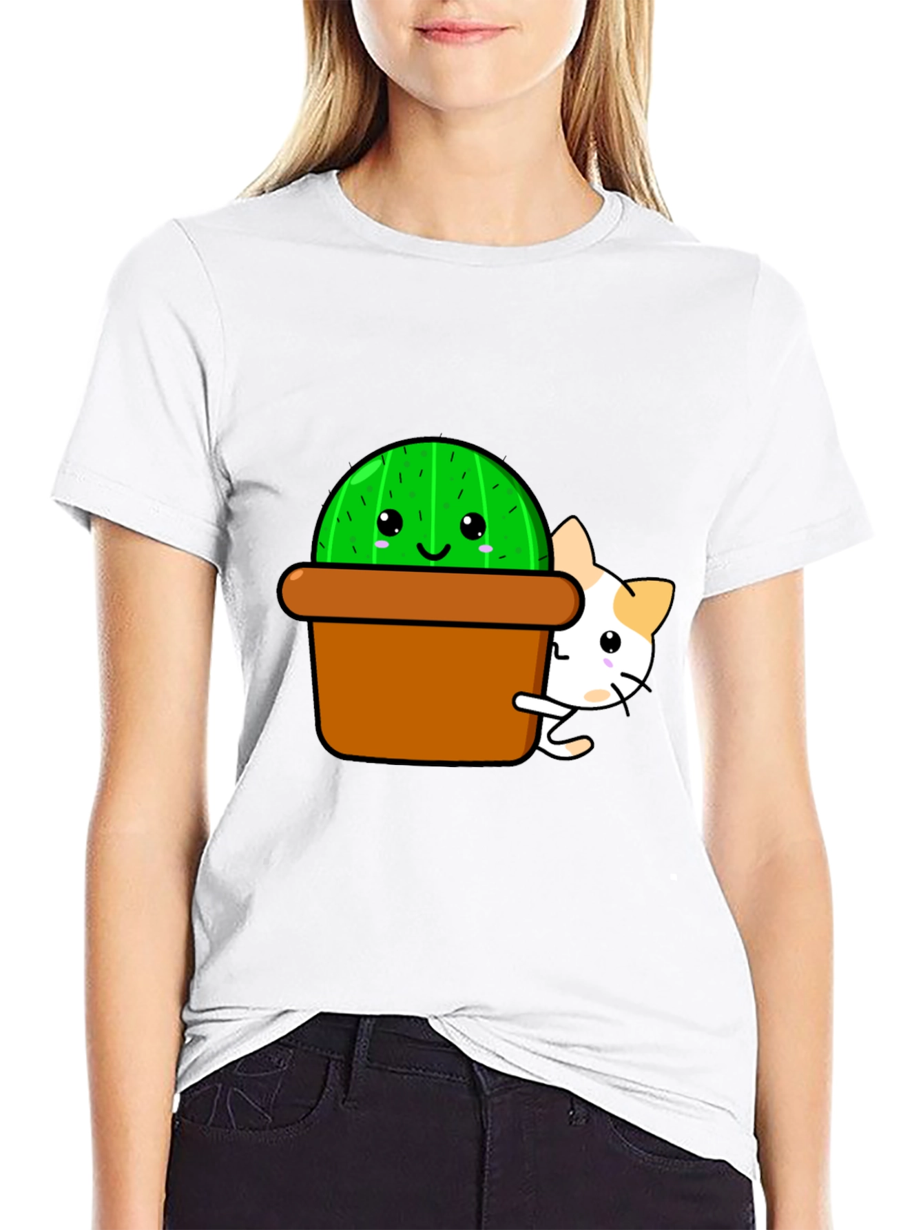 Cute Cactus & Cat Graphic T-Shirt - Black