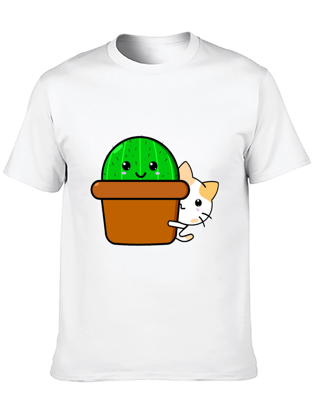 Cute Cactus & Cat Graphic T-Shirt - Black