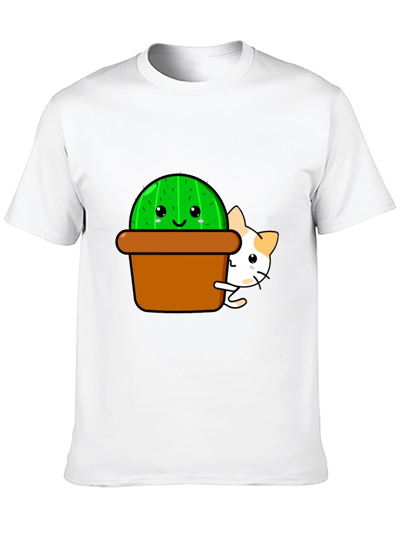 Cute Cactus & Cat Graphic T-Shirt - Black