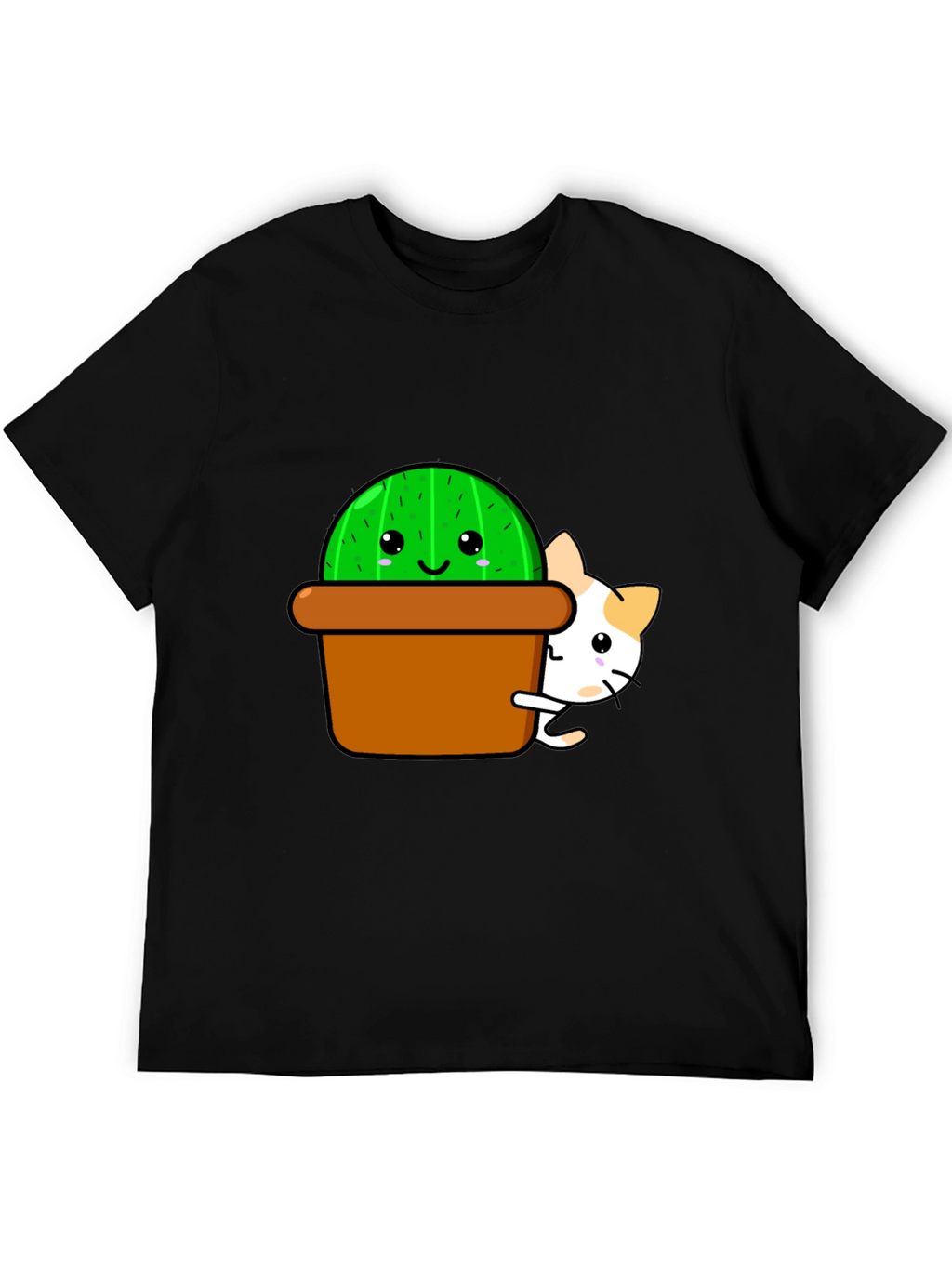 Cute Cactus & Cat Graphic T-Shirt - Black