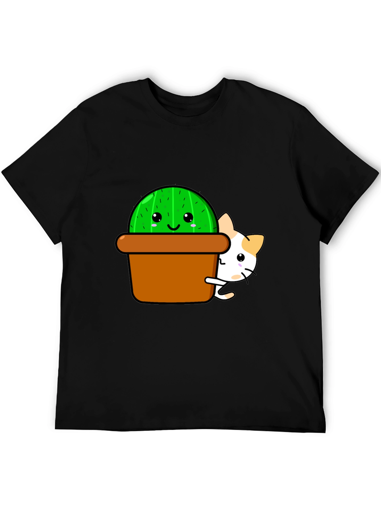 Cute Cactus & Cat Graphic T-Shirt - Black