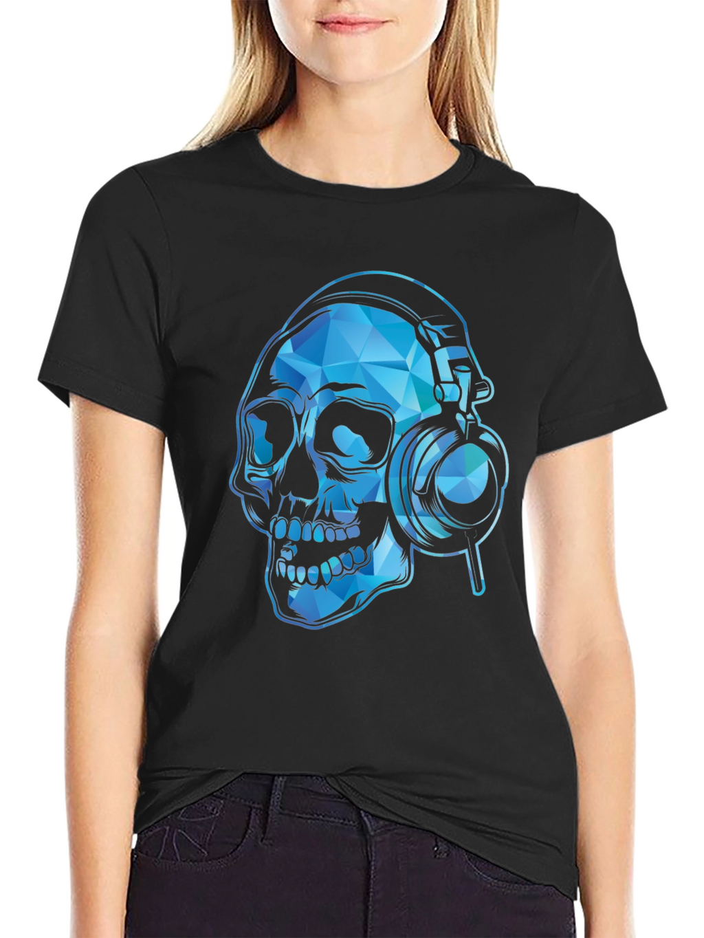 Skull with Headphones Graphic Tee - Black