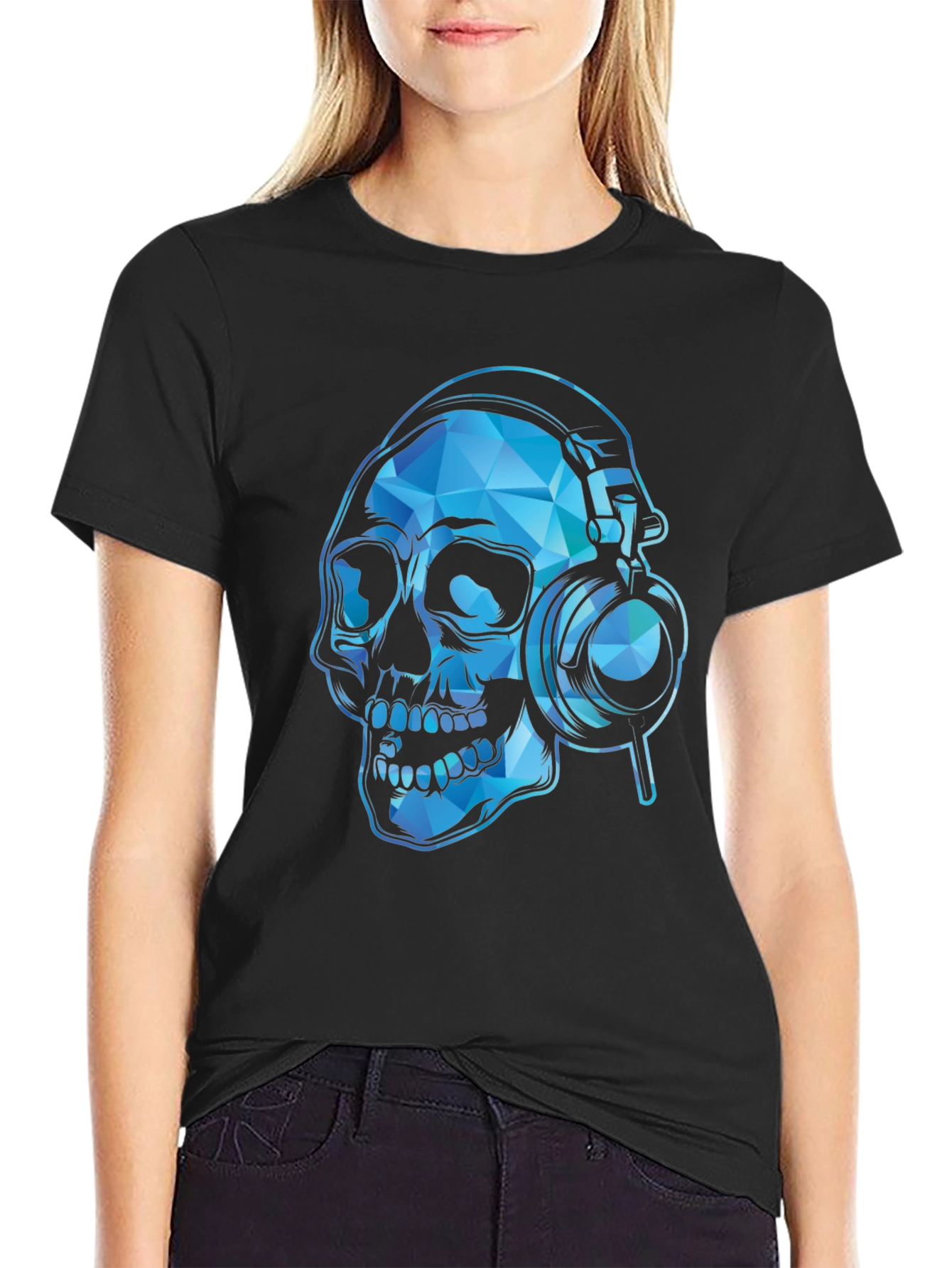 Skull with Headphones Graphic Tee - Black