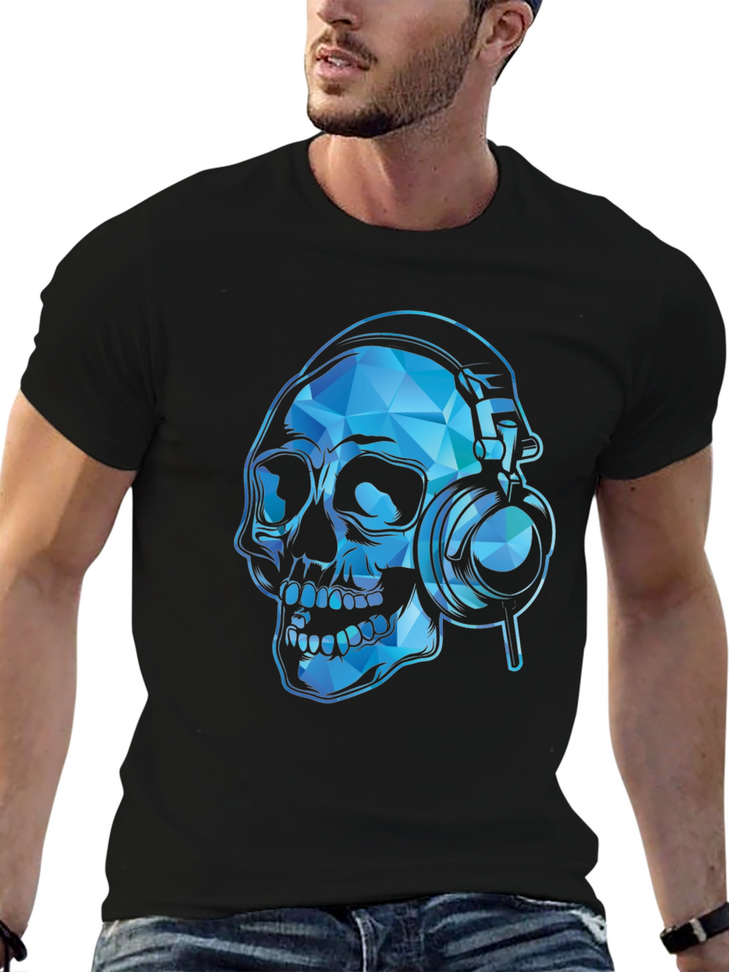 Skull with Headphones Graphic Tee - Black