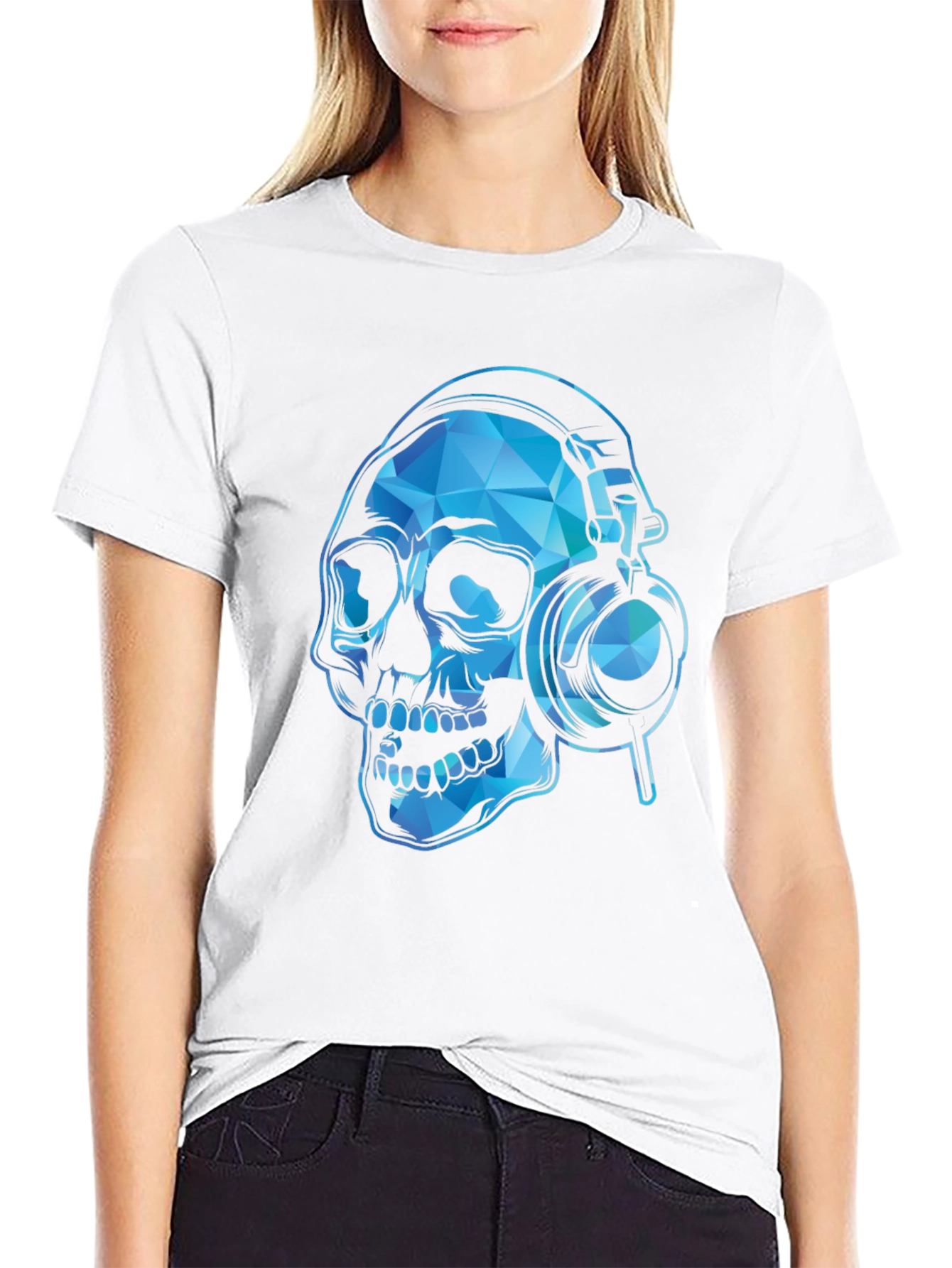 Skull with Headphones Graphic Tee - Black