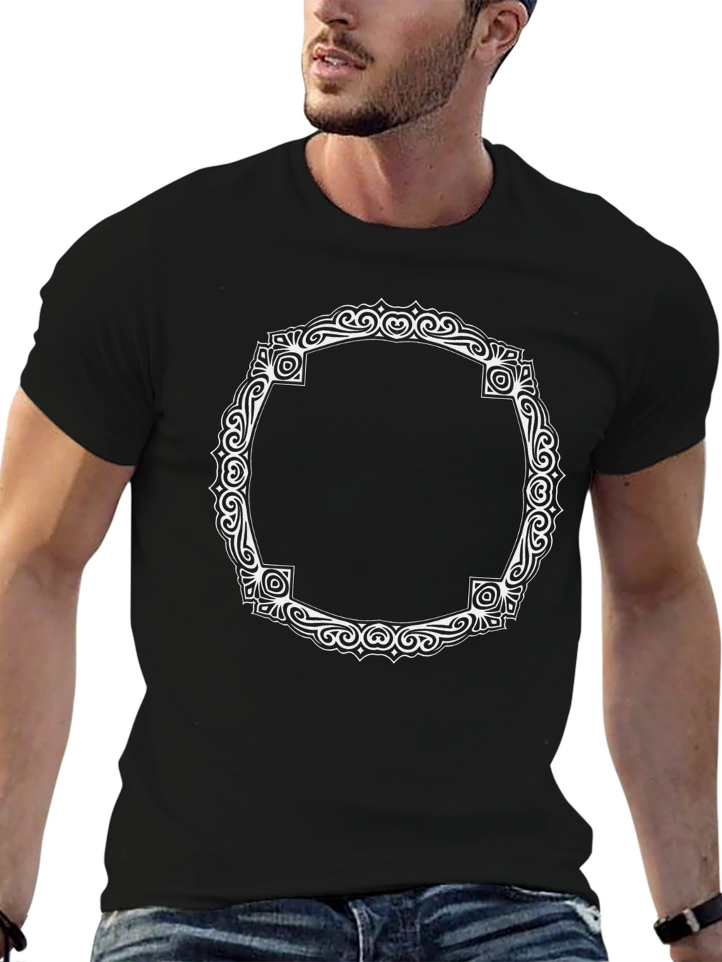Black T-Shirt with Ornate White Frame Design