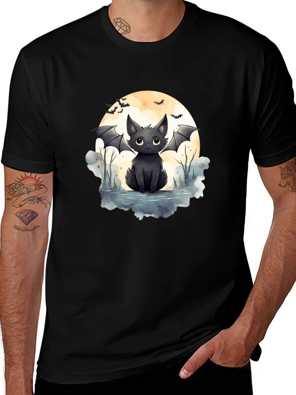 Cute Bat Cat Graphic Tee - Halloween T-Shirt