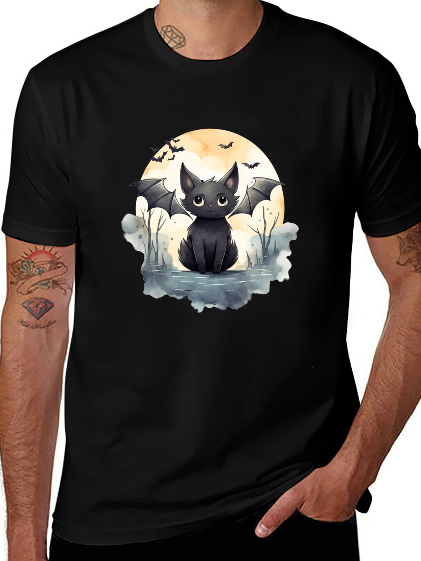 Cute Bat Cat Graphic Tee - Halloween T-Shirt