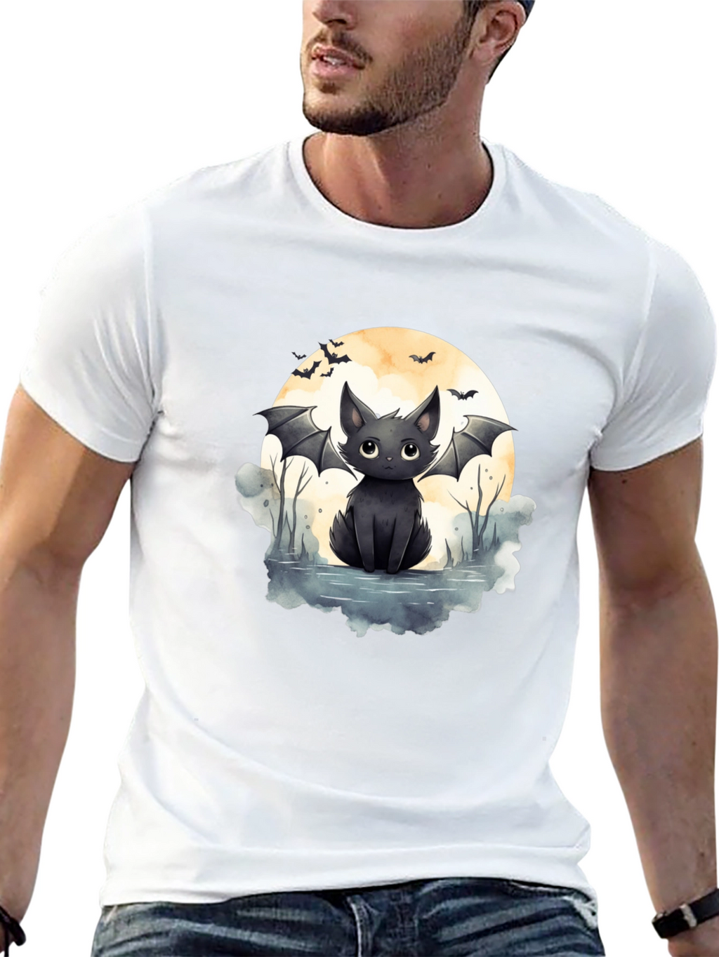 Cute Bat Cat Graphic Tee - Halloween T-Shirt