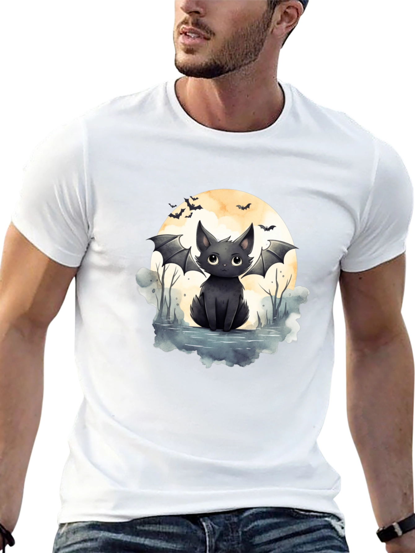 Cute Bat Cat Graphic Tee - Halloween T-Shirt