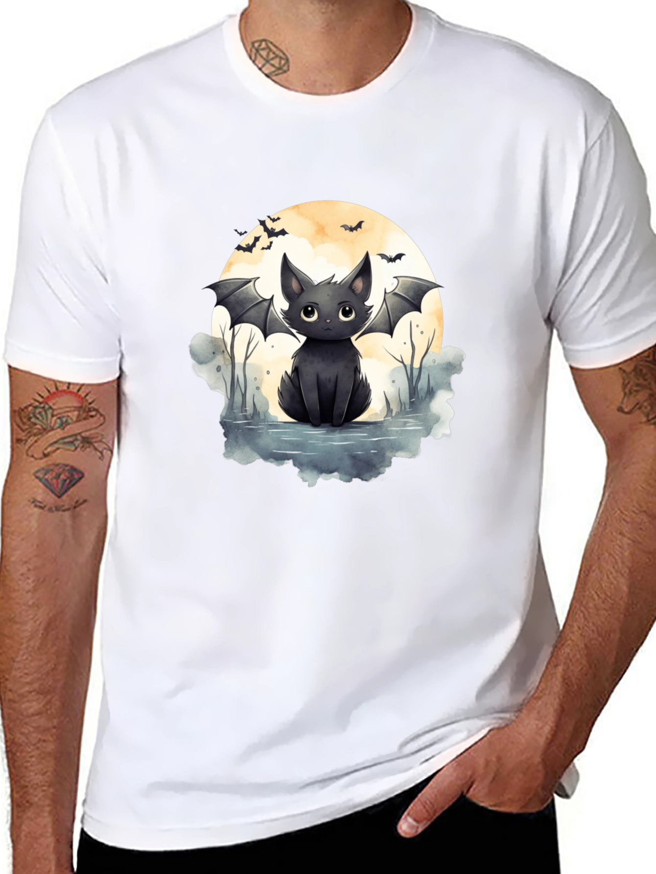 Cute Bat Cat Graphic Tee - Halloween T-Shirt