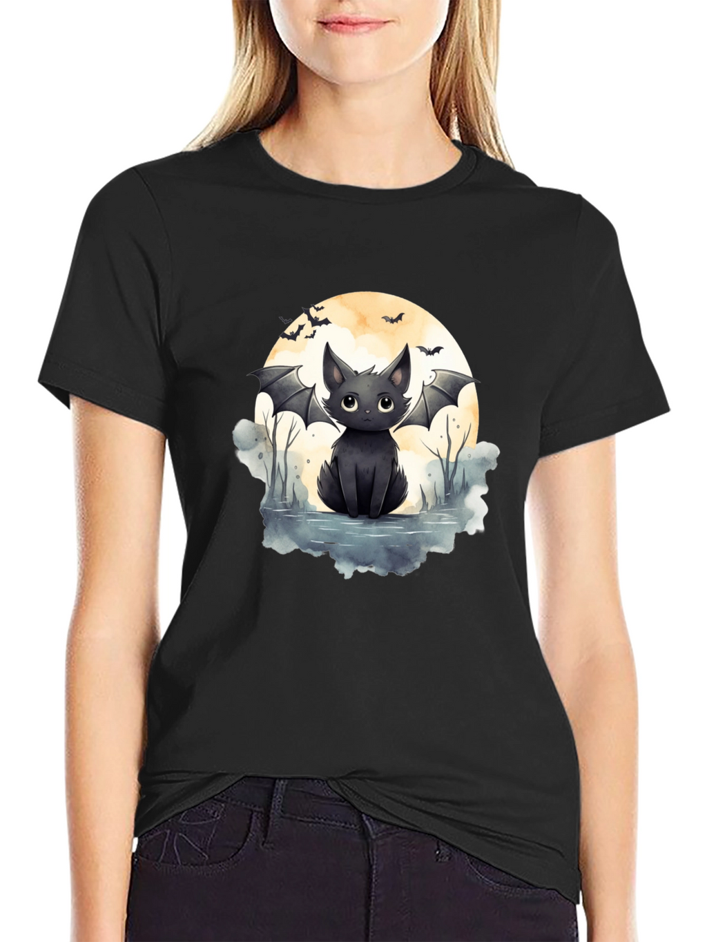 Cute Bat Cat Graphic Tee - Halloween T-Shirt