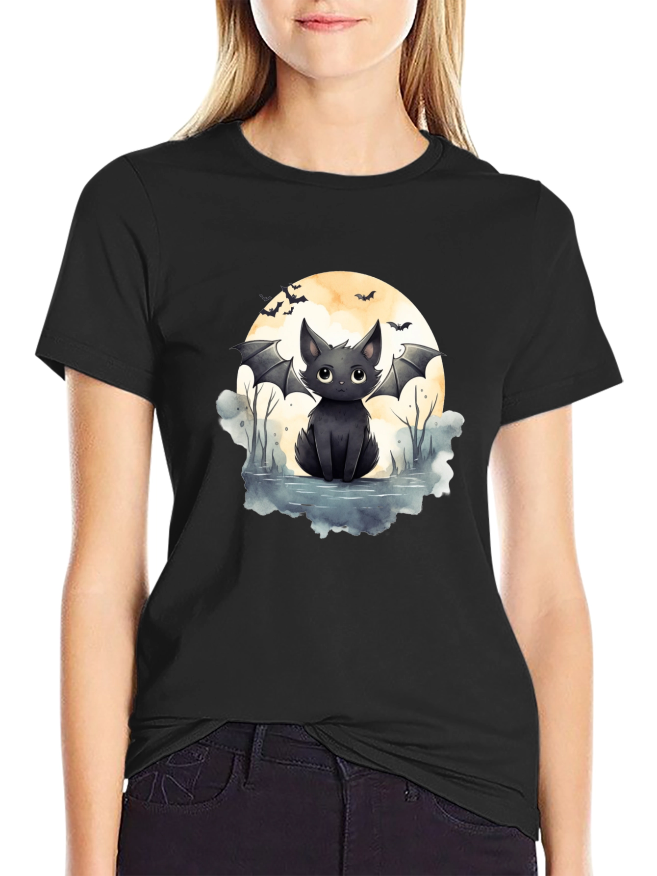 Cute Bat Cat Graphic Tee - Halloween T-Shirt