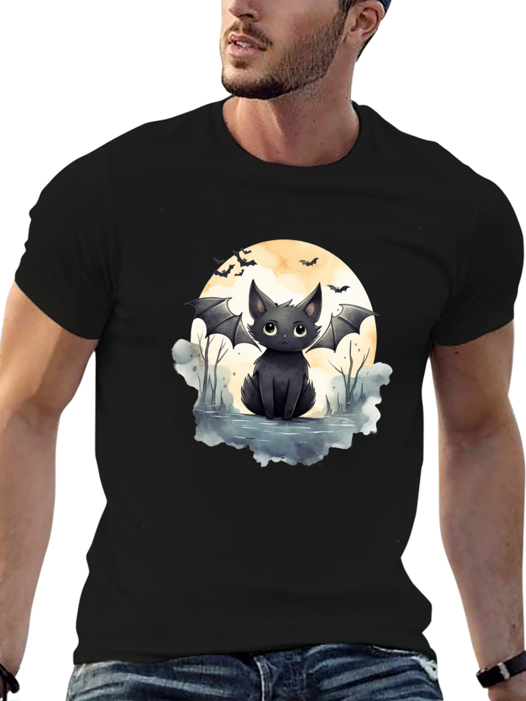Cute Bat Cat Graphic Tee - Halloween T-Shirt