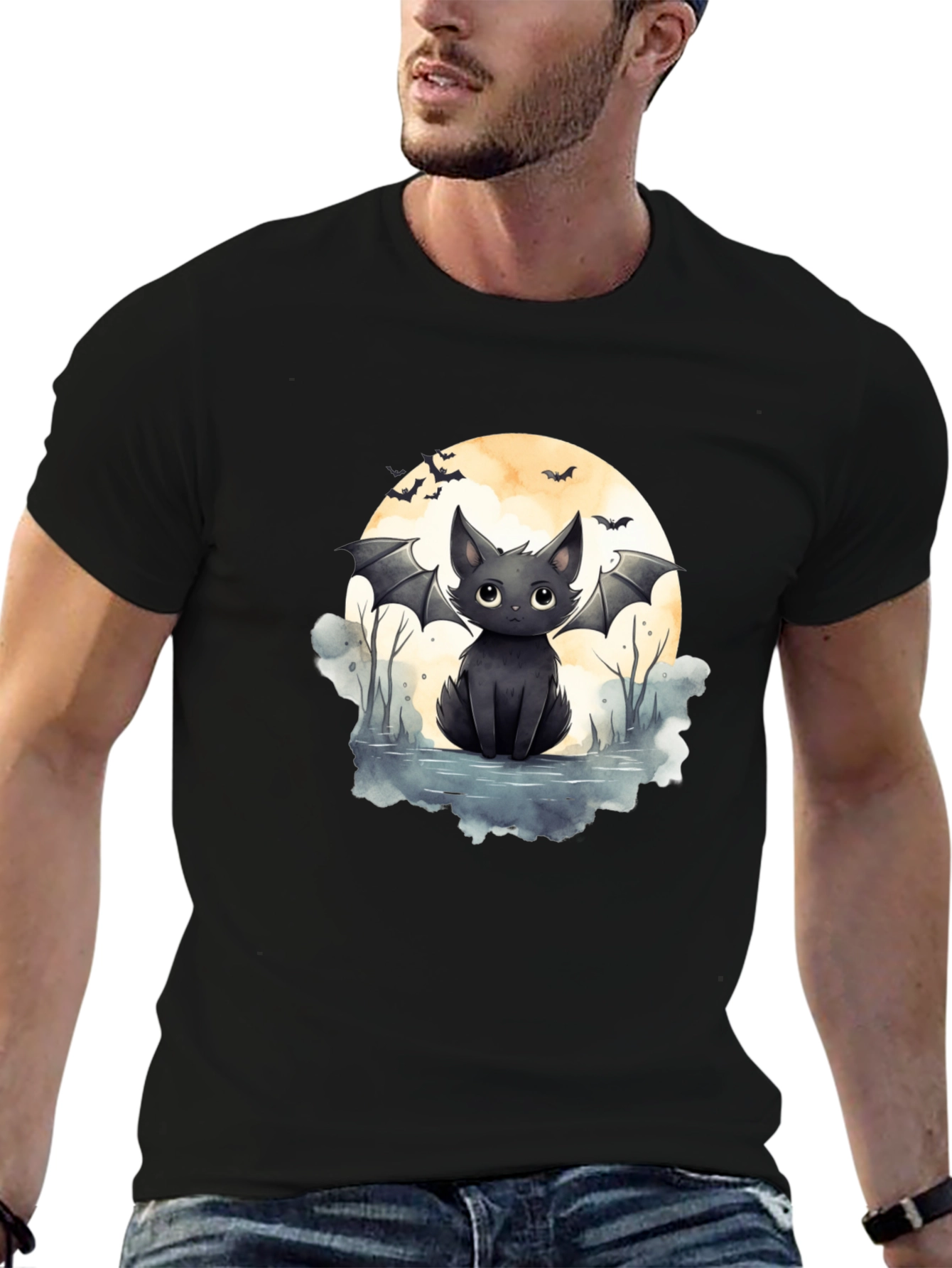 Cute Bat Cat Graphic Tee - Halloween T-Shirt