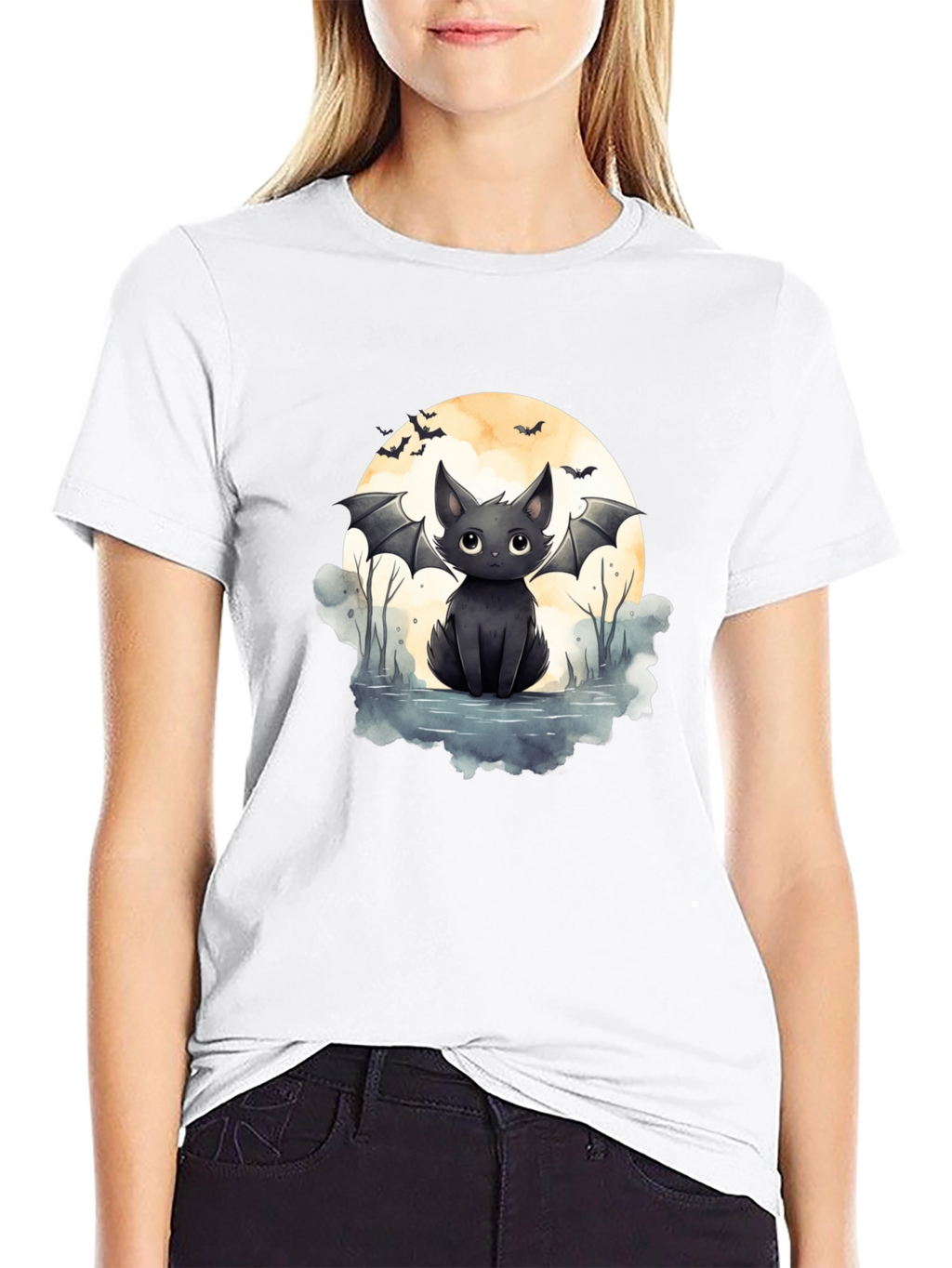 Cute Bat Cat Graphic Tee - Halloween T-Shirt