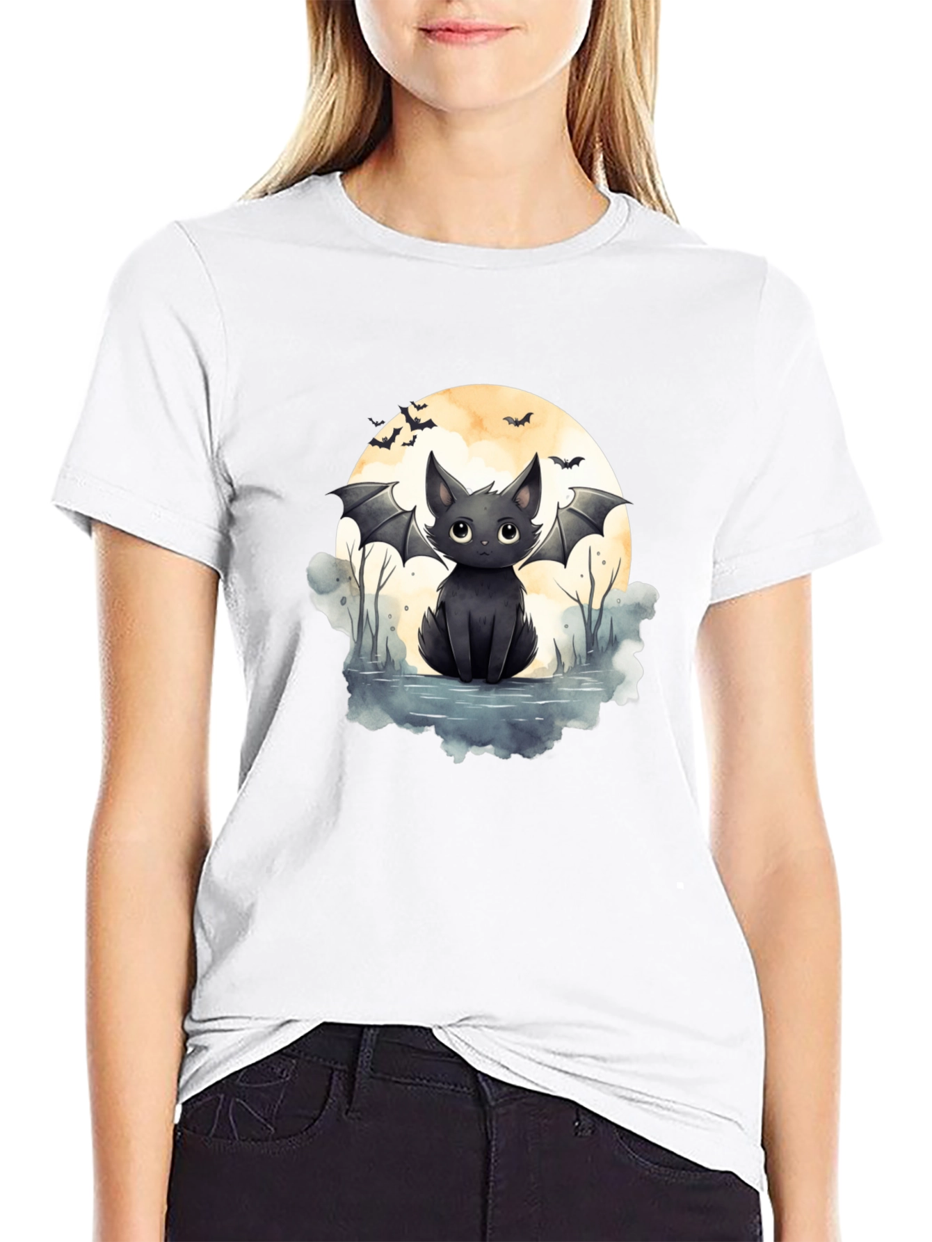 Cute Bat Cat Graphic Tee - Halloween T-Shirt