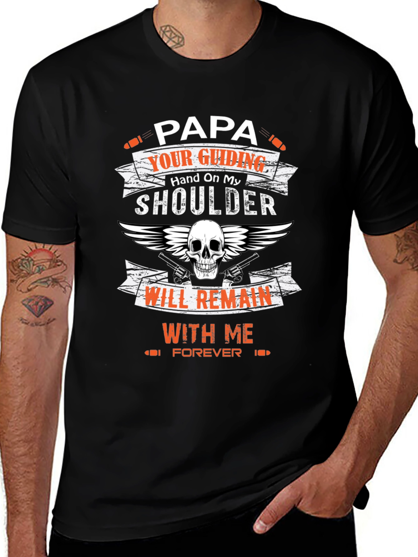 Papas Guiding Hand T-Shirt - Skull & Guns Design