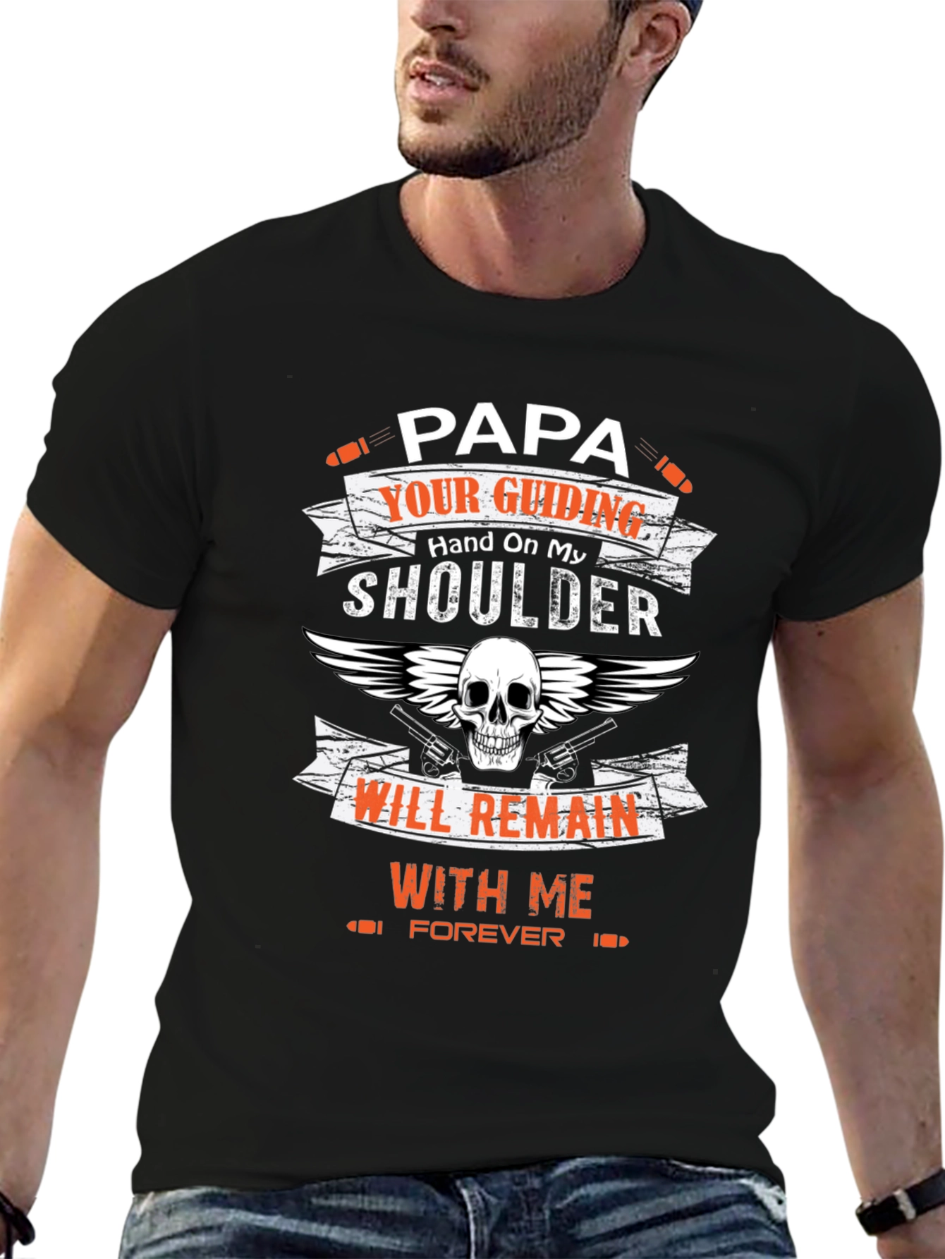 Papas Guiding Hand T-Shirt - Skull & Guns Design