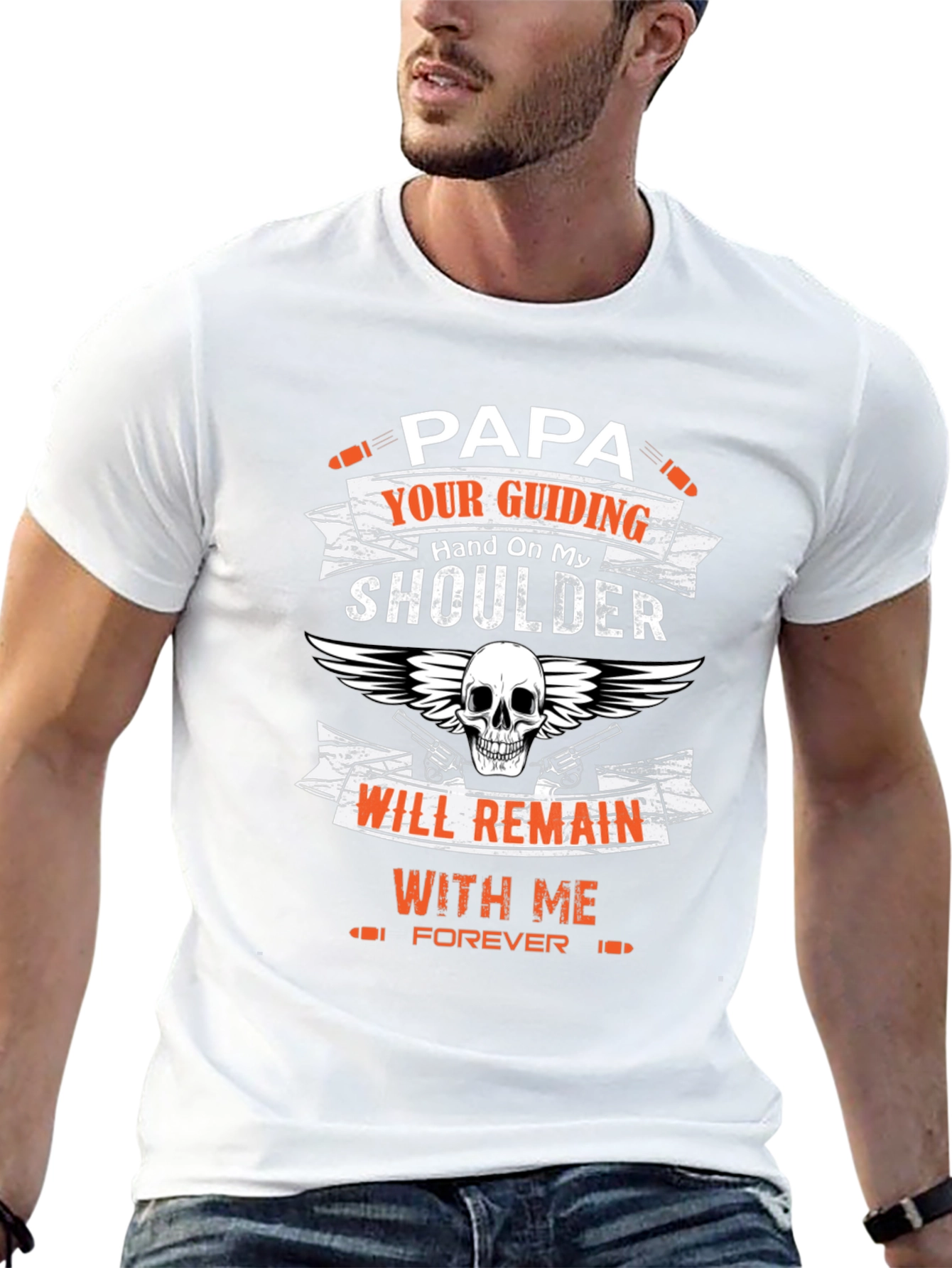 Papas Guiding Hand T-Shirt - Skull & Guns Design