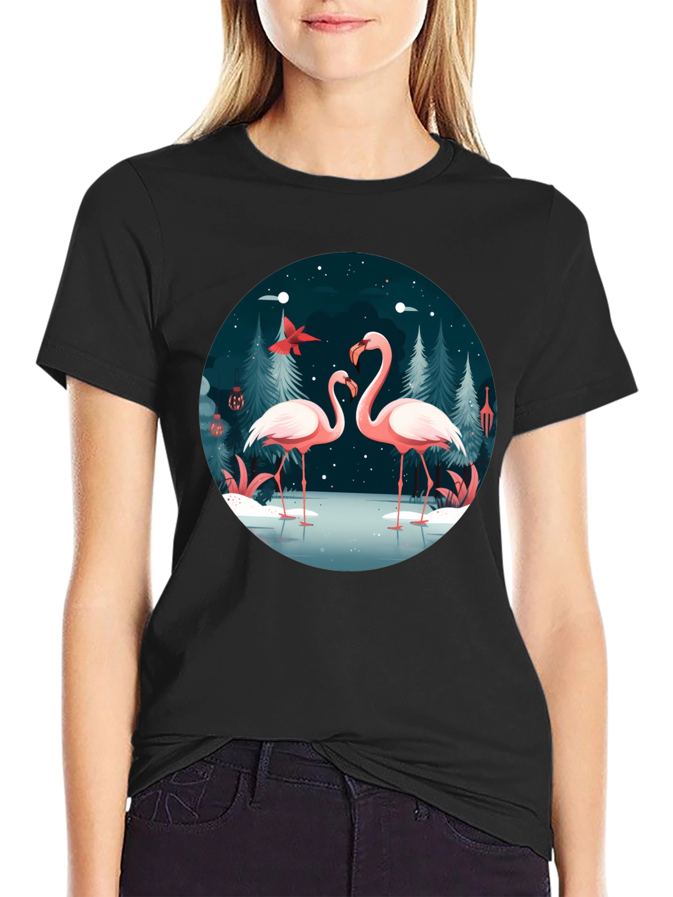 Flamingo Winter Scene Graphic Tee