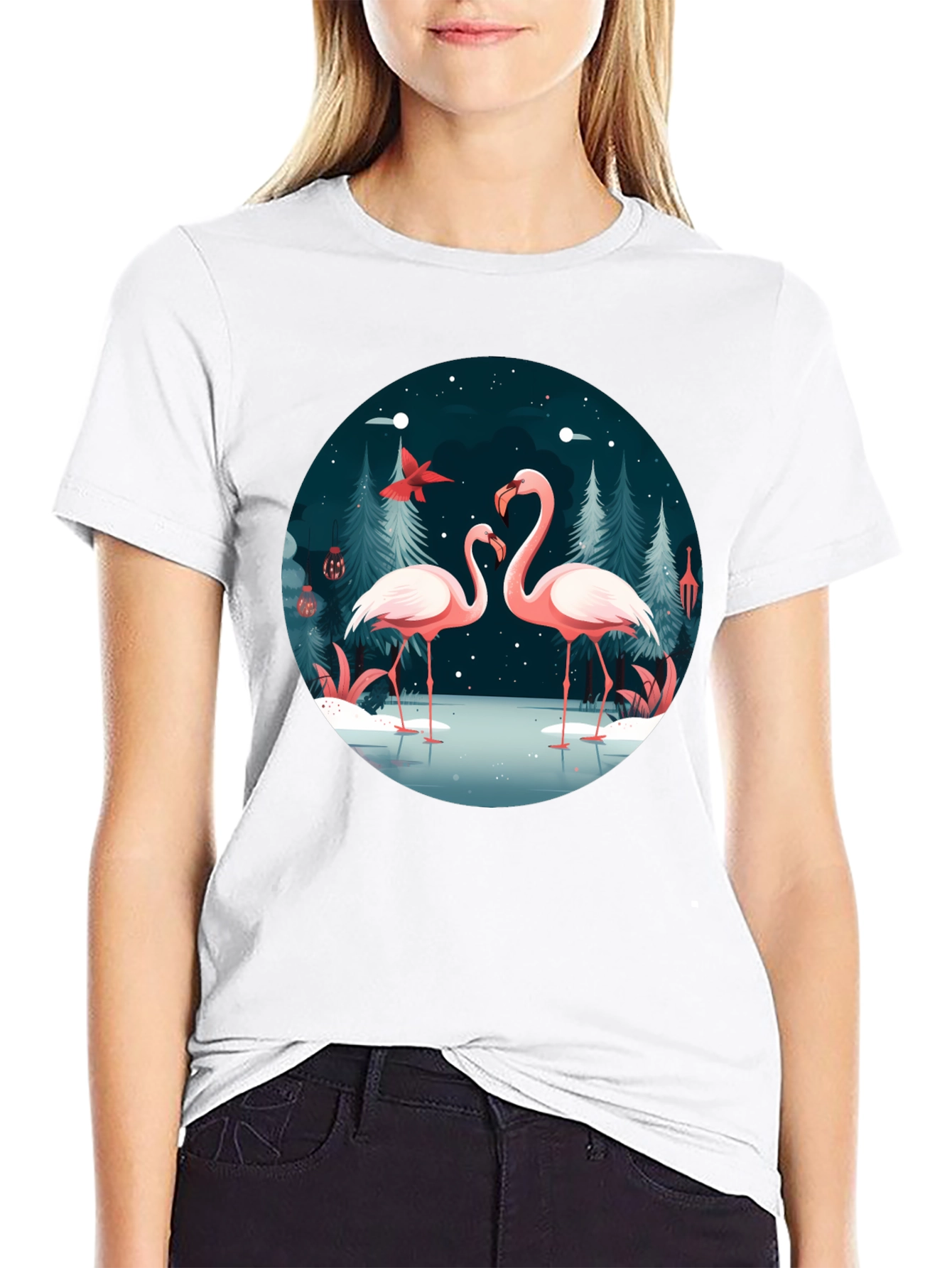 Flamingo Winter Scene Graphic Tee