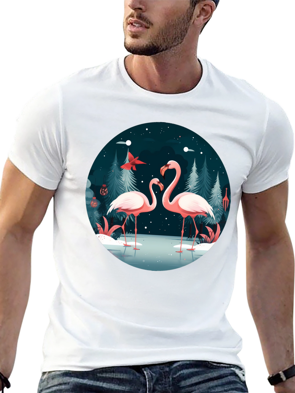 Flamingo Winter Scene Graphic Tee
