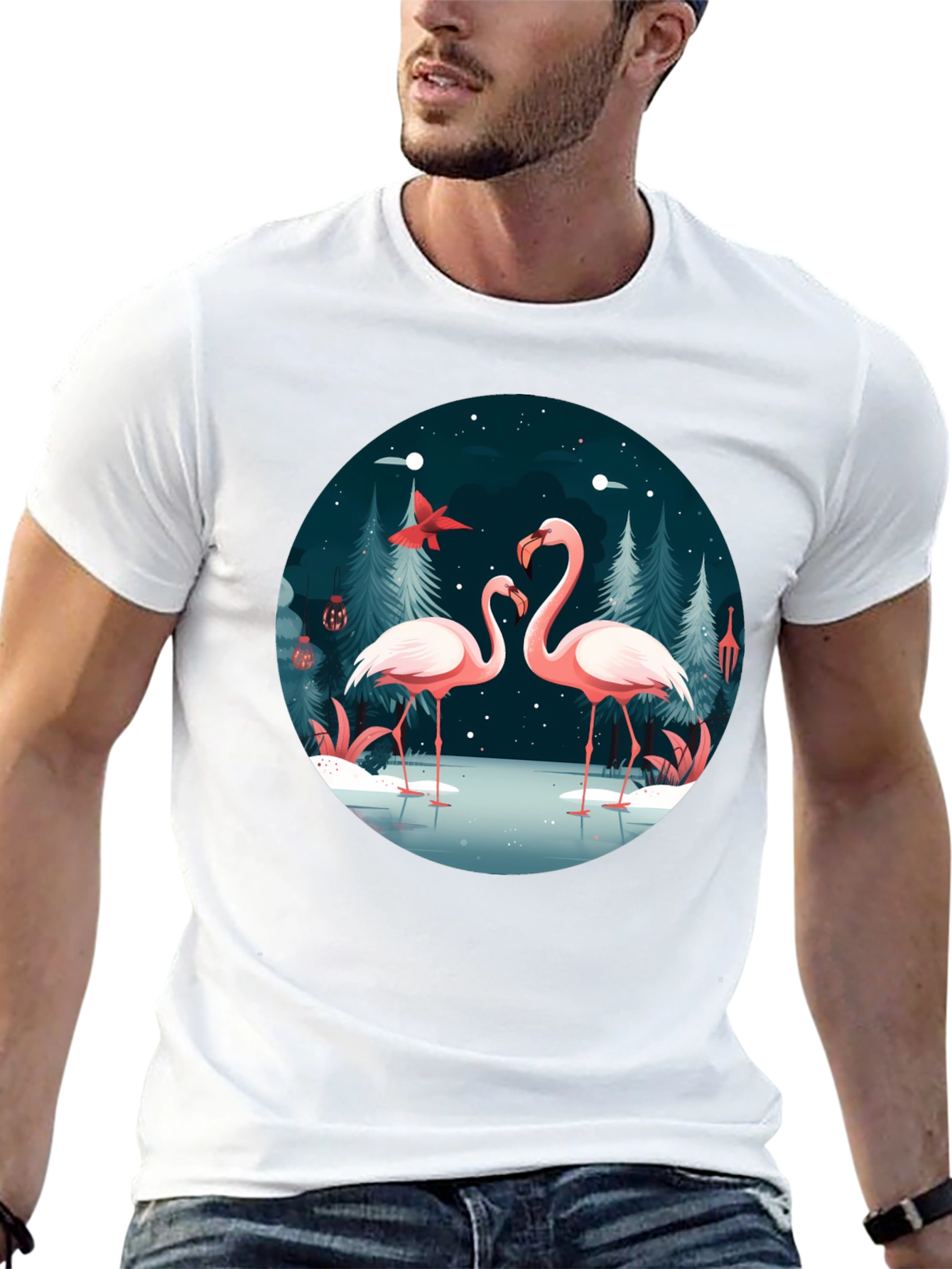 Flamingo Winter Scene Graphic Tee