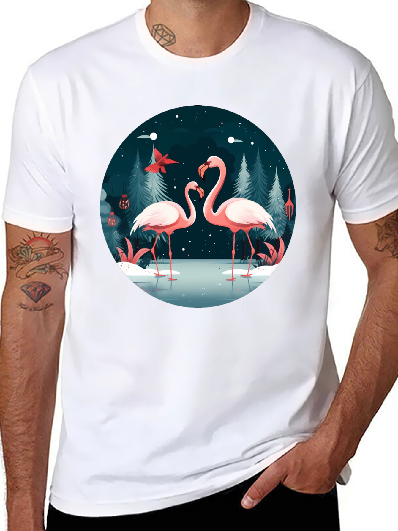 Flamingo Winter Scene Graphic Tee