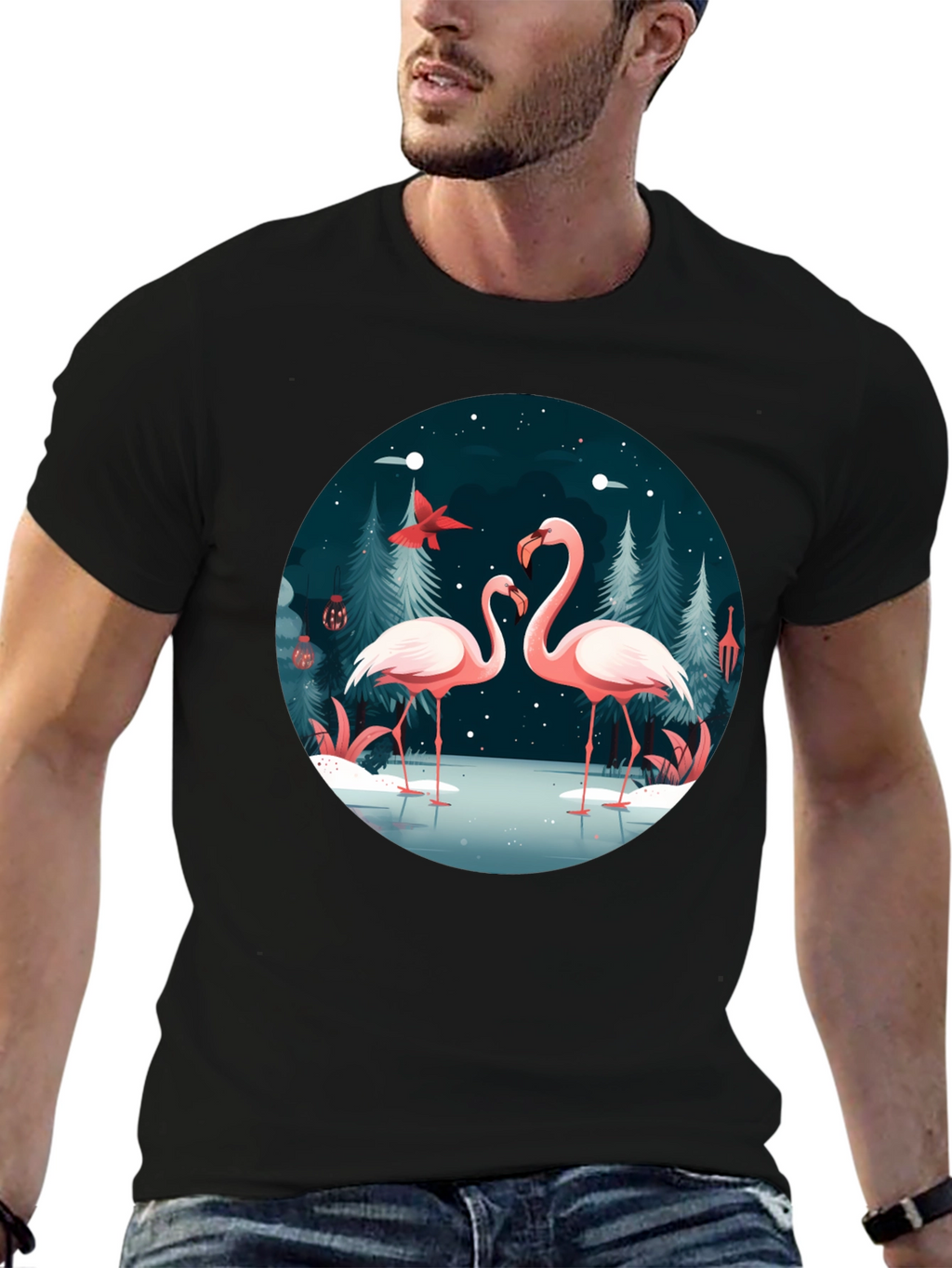 Flamingo Winter Scene Graphic Tee